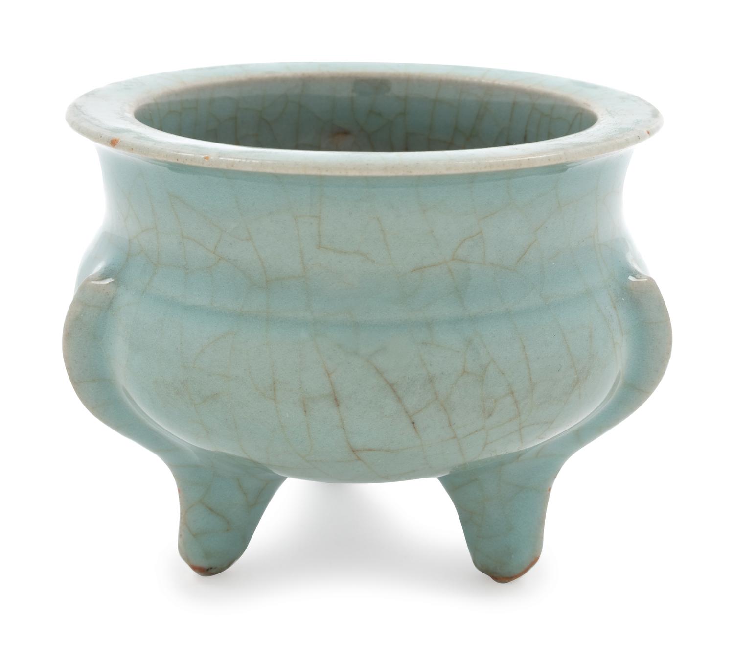 A Chinese Celadon Glazed Porcelain Tripod Incense Burner