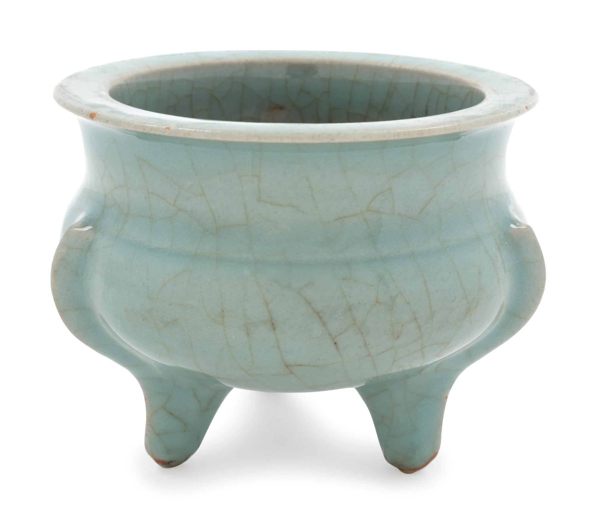 A Chinese Celadon Glazed Porcelain Tripod Incense Burner