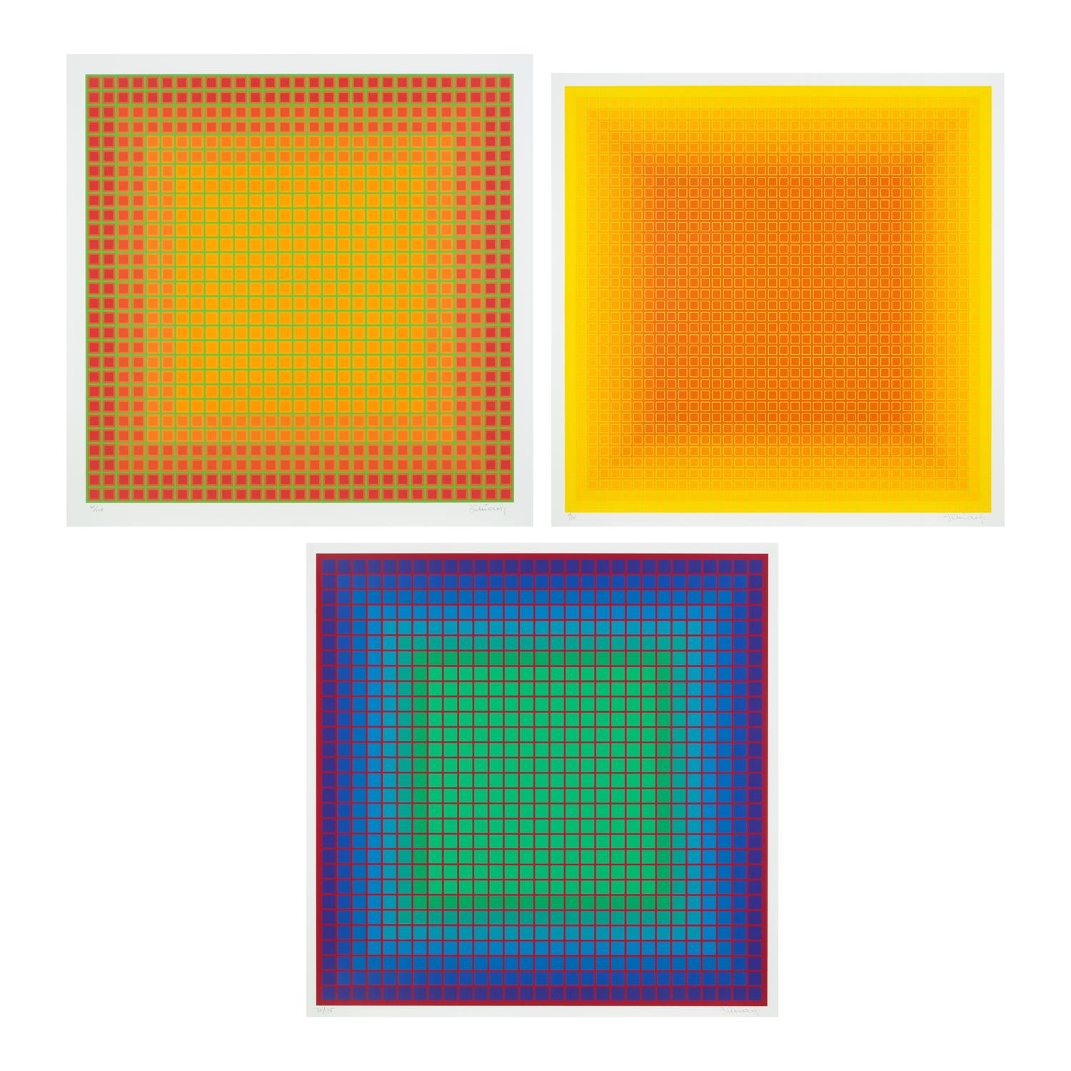 Julian Stanczak (American/Polish, 1928–2017) — A group of three screenprints ( Let it Be Orange; Yellow Filtration; Conferring Blue), 1981