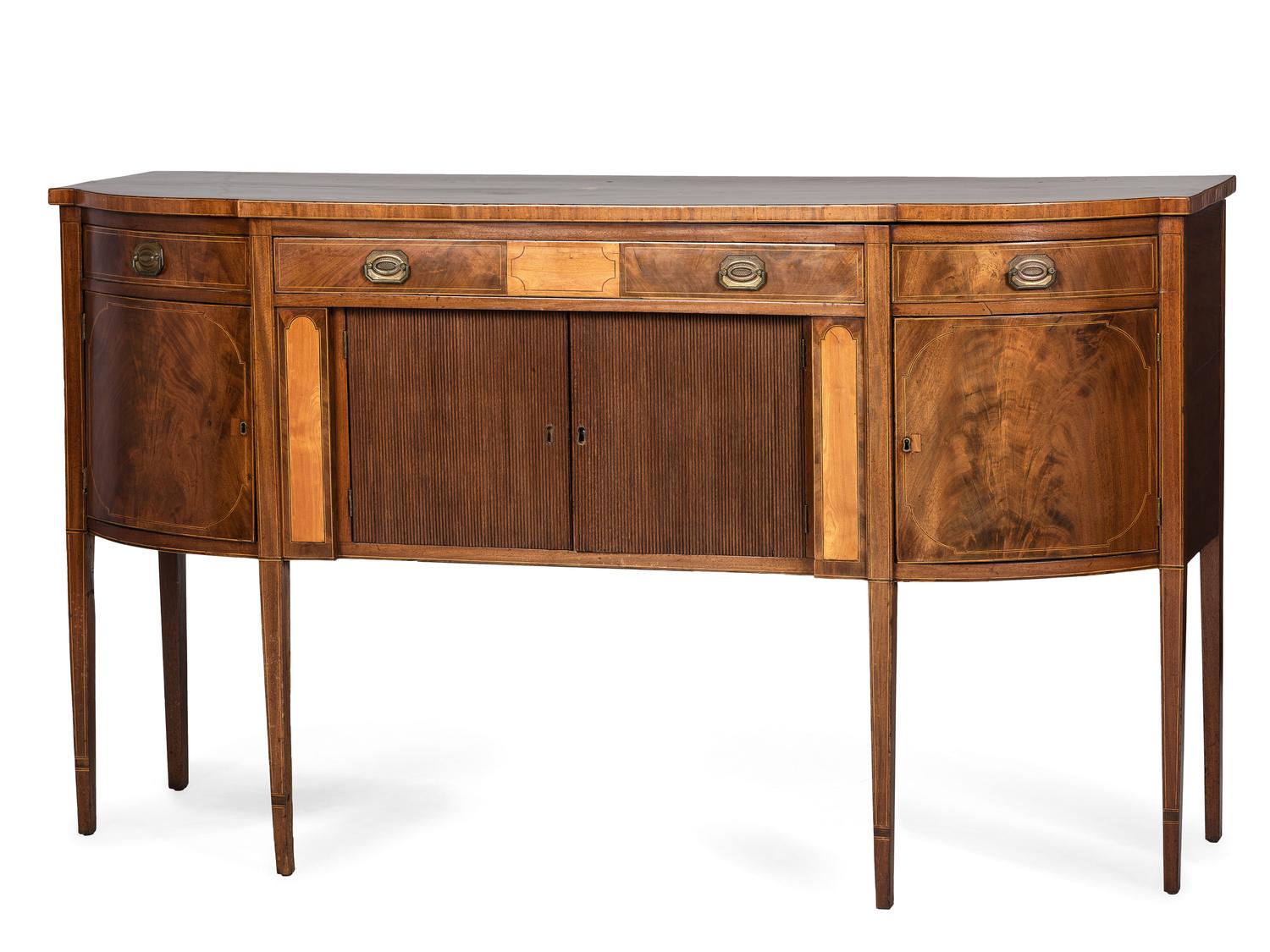 A Federal Figured Walnut and Birch Tambour and Bow-Front Sideboard