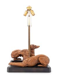 A Carved Wood Greyhound Group Mounted as a Table Lamp
