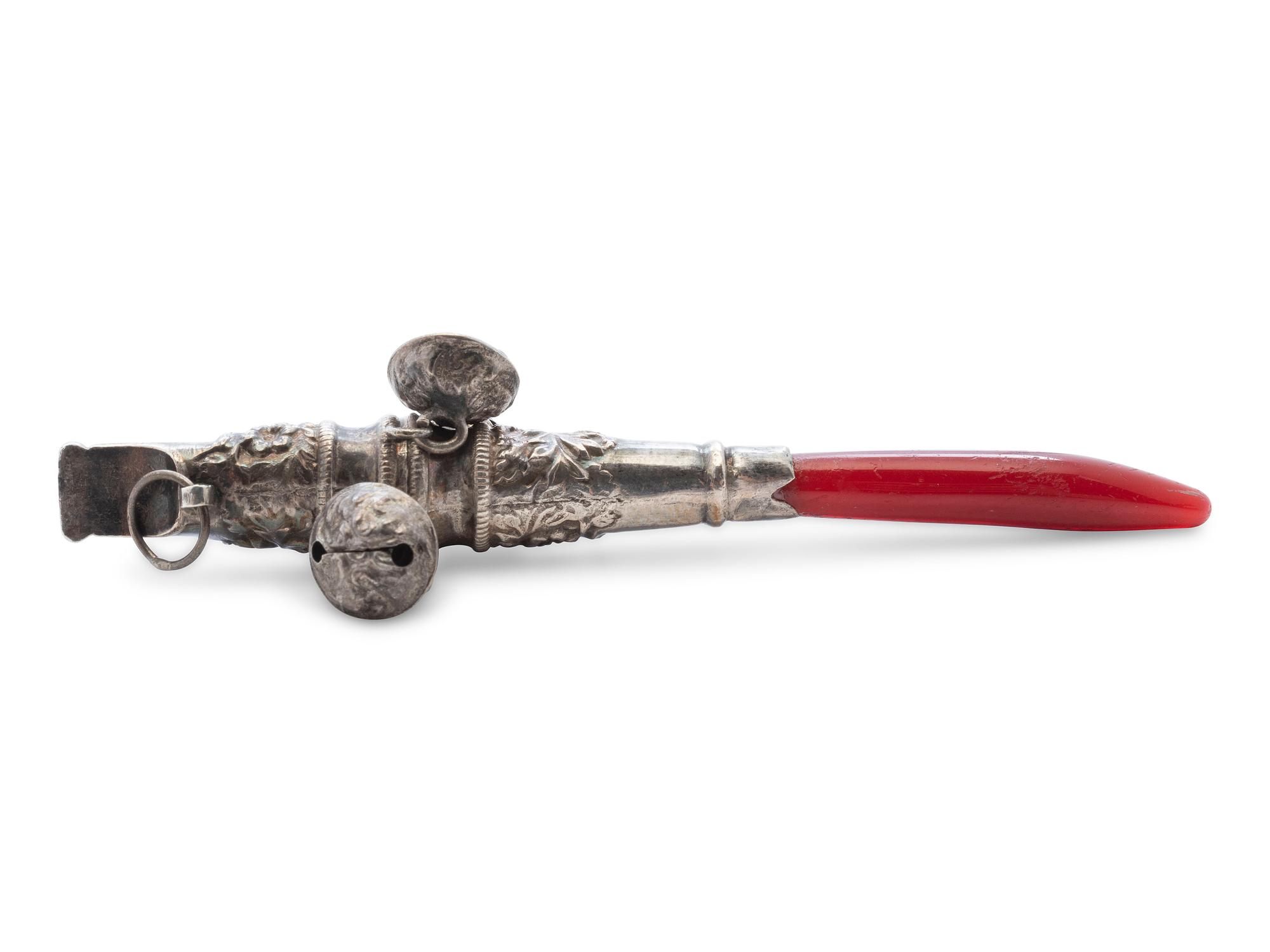 A Georgian Silver and Coral Baby Rattle and Whistle