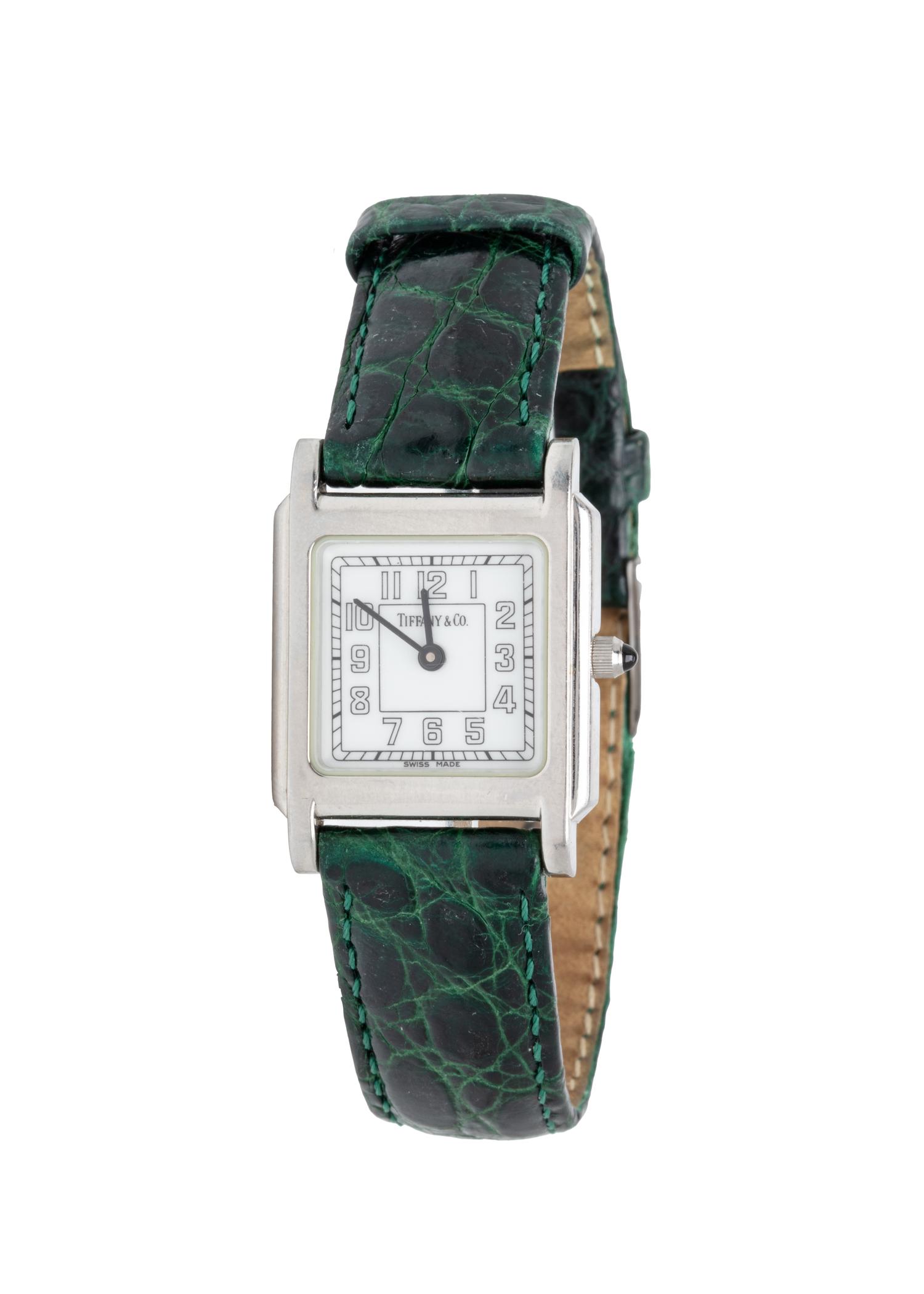 TIFFANY & CO., TWO STAINLESS STEEL WATCHES WITH EXOTIC LEATHER STRAPS