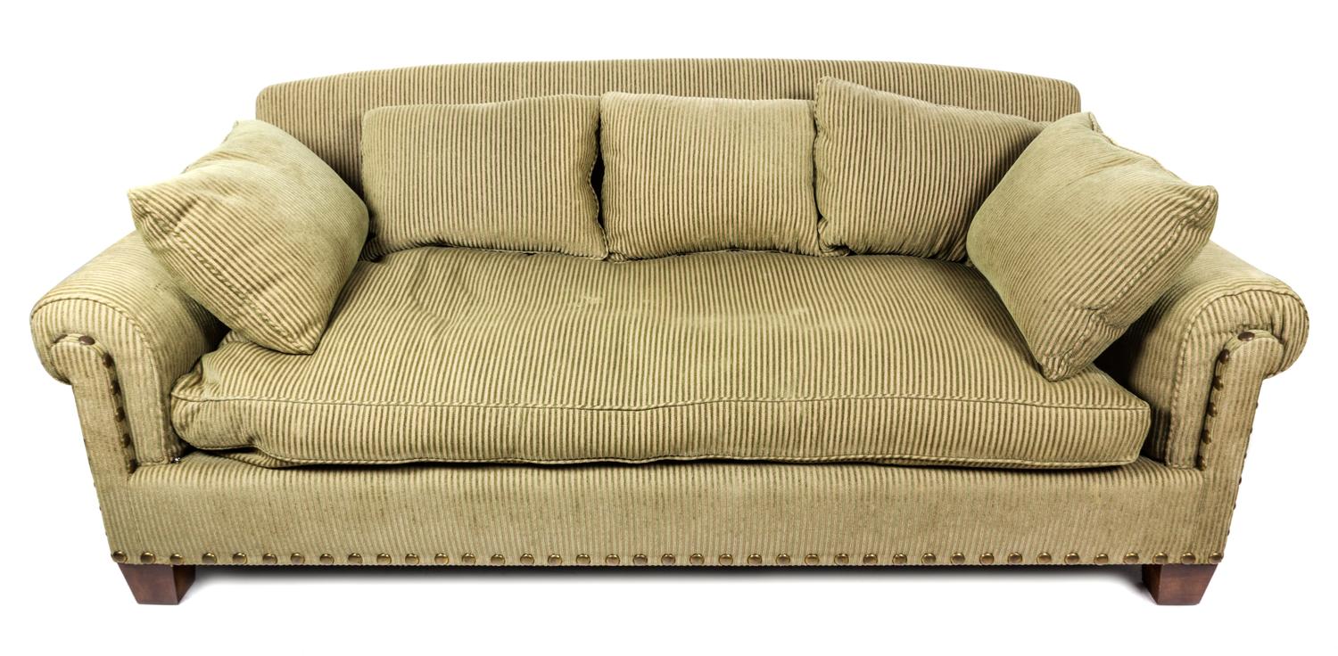 A Contemporary Chenille Upholstered Sofa Length 90 inches.
