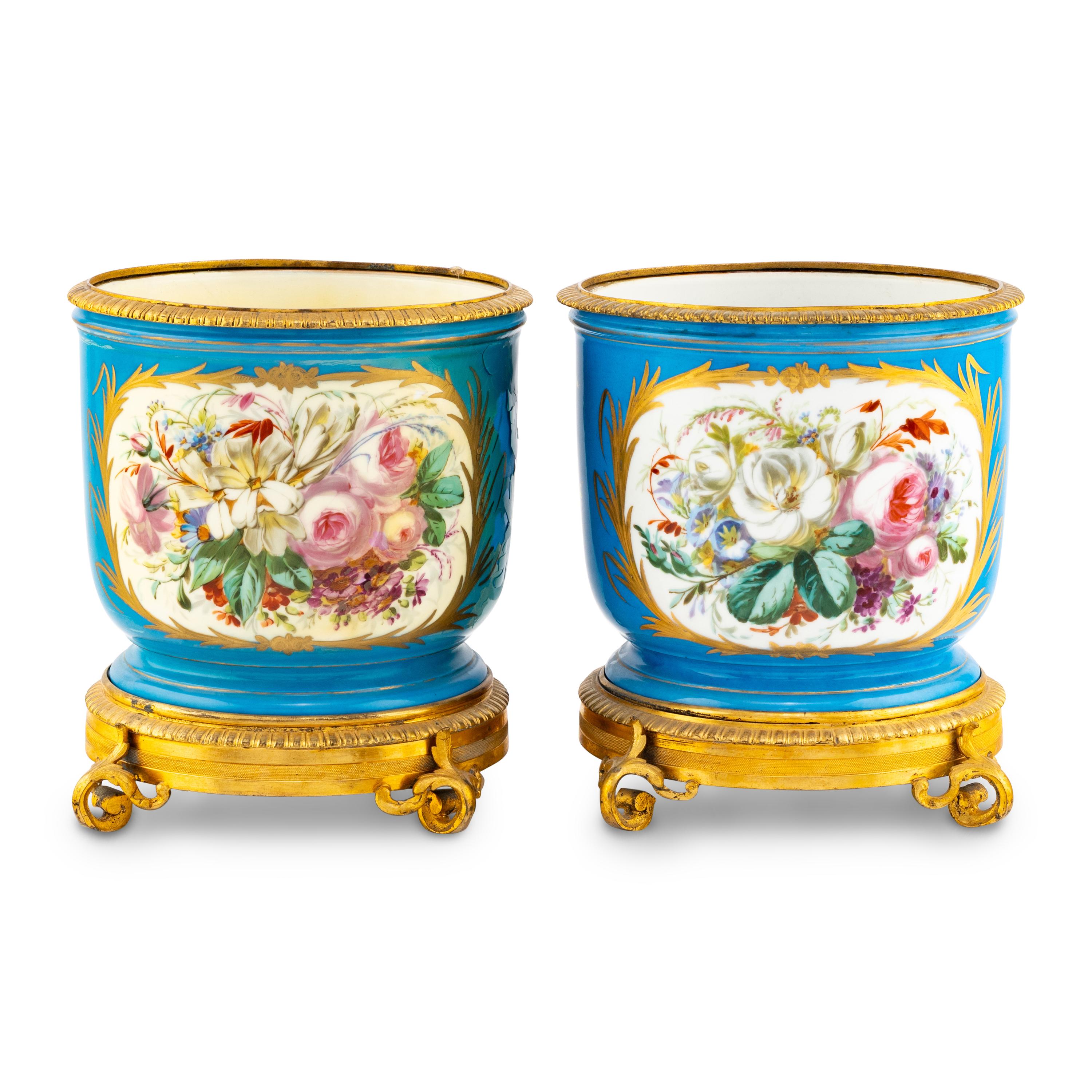 A Pair of Sèvres Style Porcelain and Gilt Bronze Mounted Cache Pots