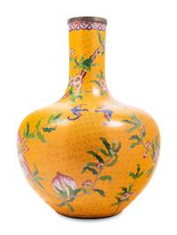Three Large Chinese Yellow Ground Cloisonné Enamel Vases, Tianqiuping