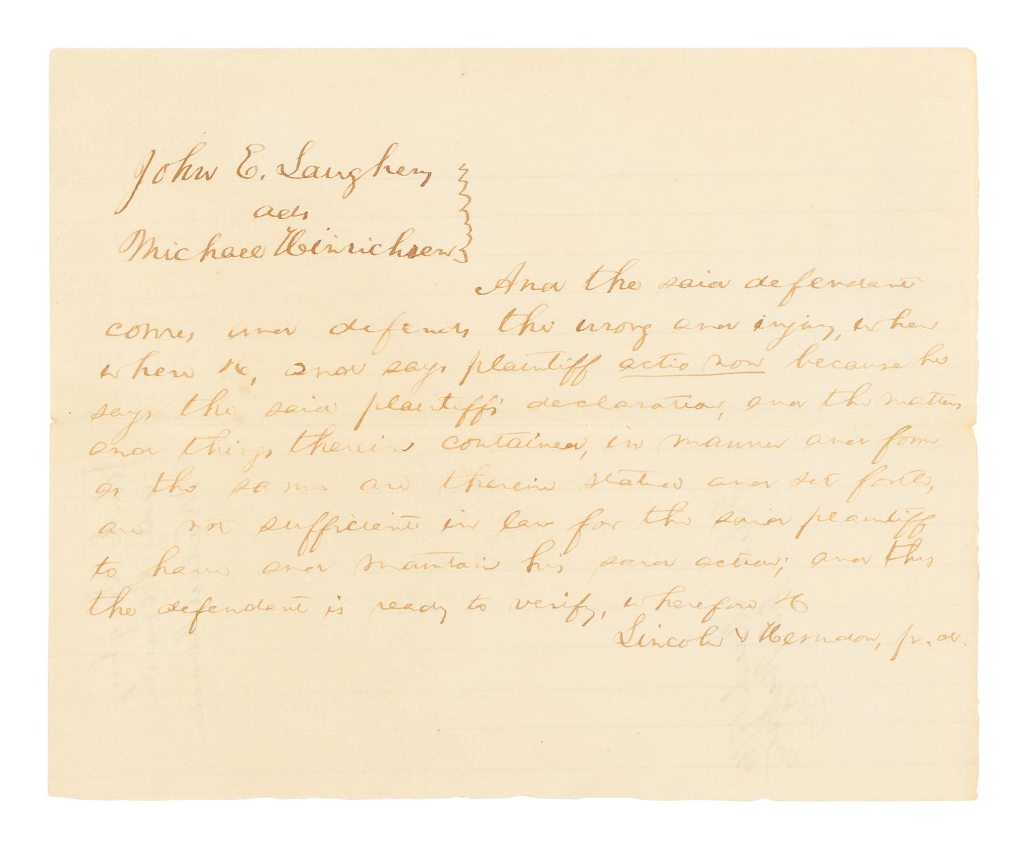 LINCOLN, Abraham (1809-1865). Autograph document, signed ("Lincoln & Herndon fr.d."). Logan County, Illinois, filed 19 March 1860.