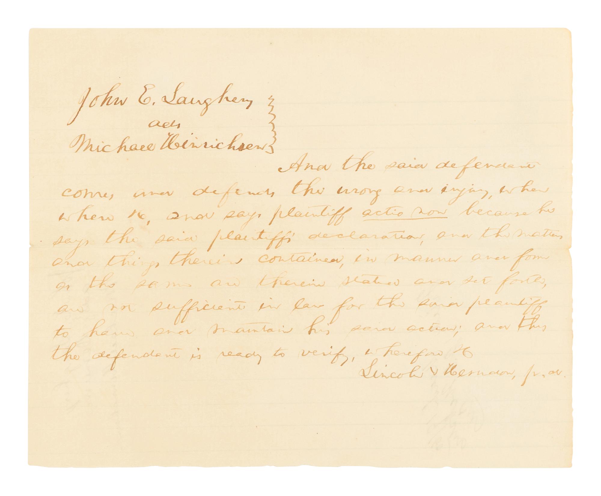 LINCOLN, Abraham (1809-1865). Autograph document, signed ("Lincoln & Herndon fr.d."). Logan County, Illinois, filed 19 March 1860.