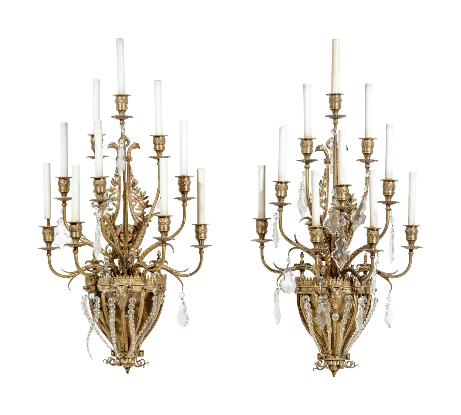 A Set of Four Gilt Bronze and Baccarat Glass Sconces