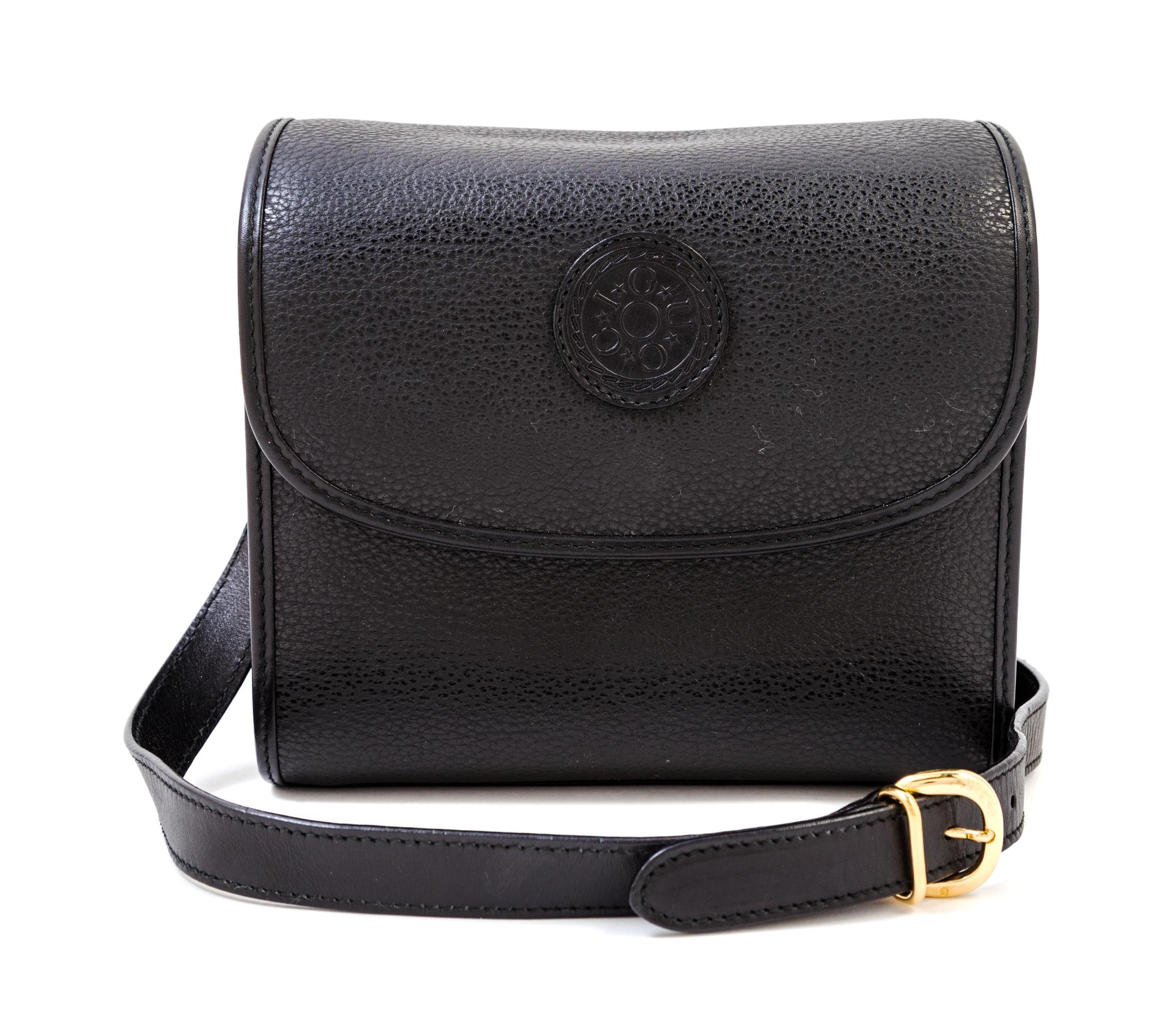 A Gucci Black Leather Camera Bag, 7" x 6" x 4"; Strap drop: 23".