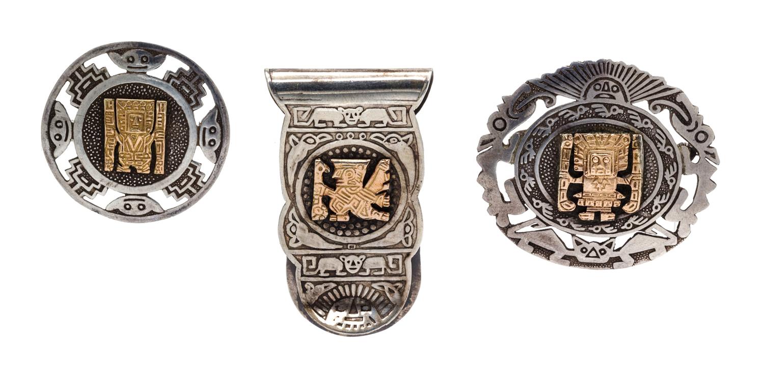 A Collection of Sterling Silver and 18 Karat Yellow Gold Mesoamerican Accessories, Peru, 21.70 dwts.