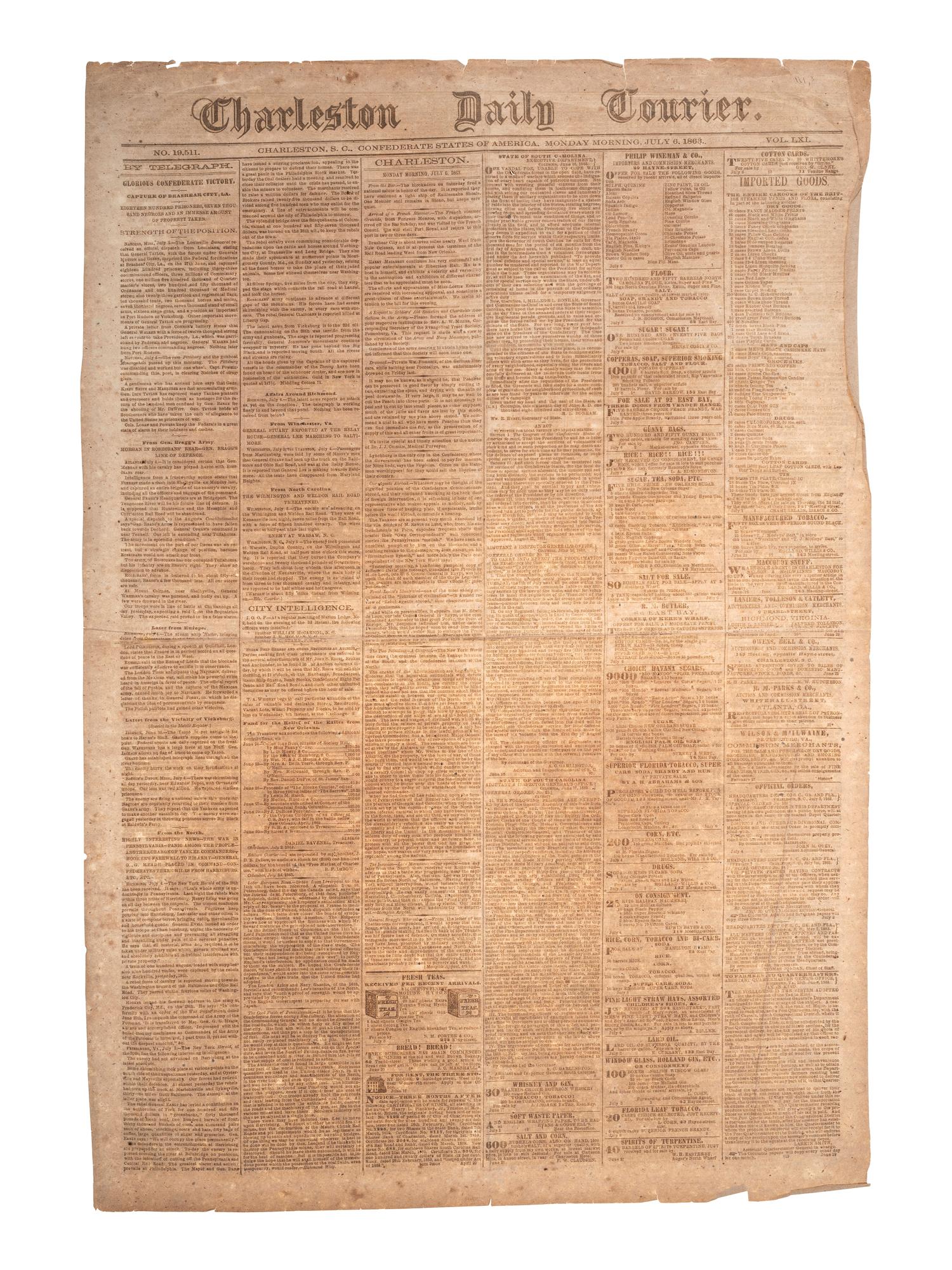 [CIVIL WAR]. Charleston Daily Courier . Vol. LXI, No. 19,511. Charleston, SC: 6 July 1863.