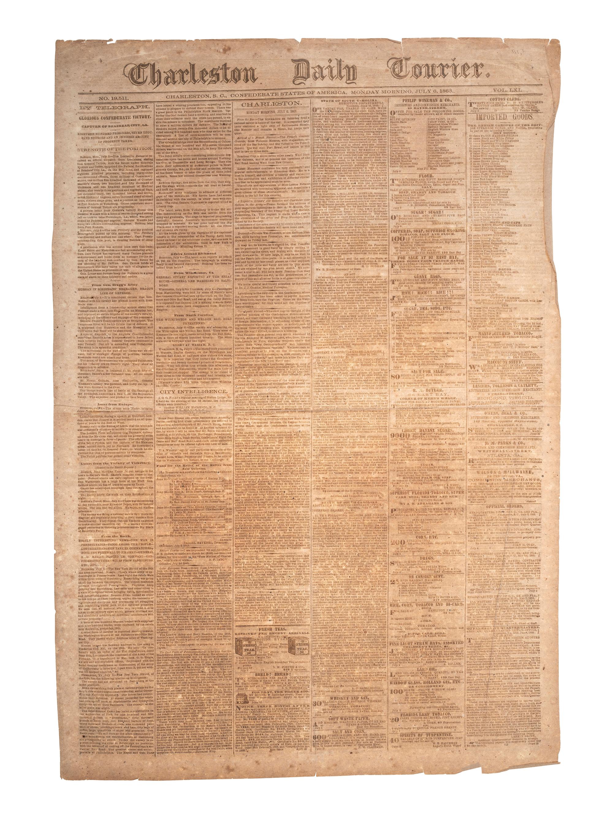 [CIVIL WAR]. Charleston Daily Courier . Vol. LXI, No. 19,511. Charleston, SC: 6 July 1863.