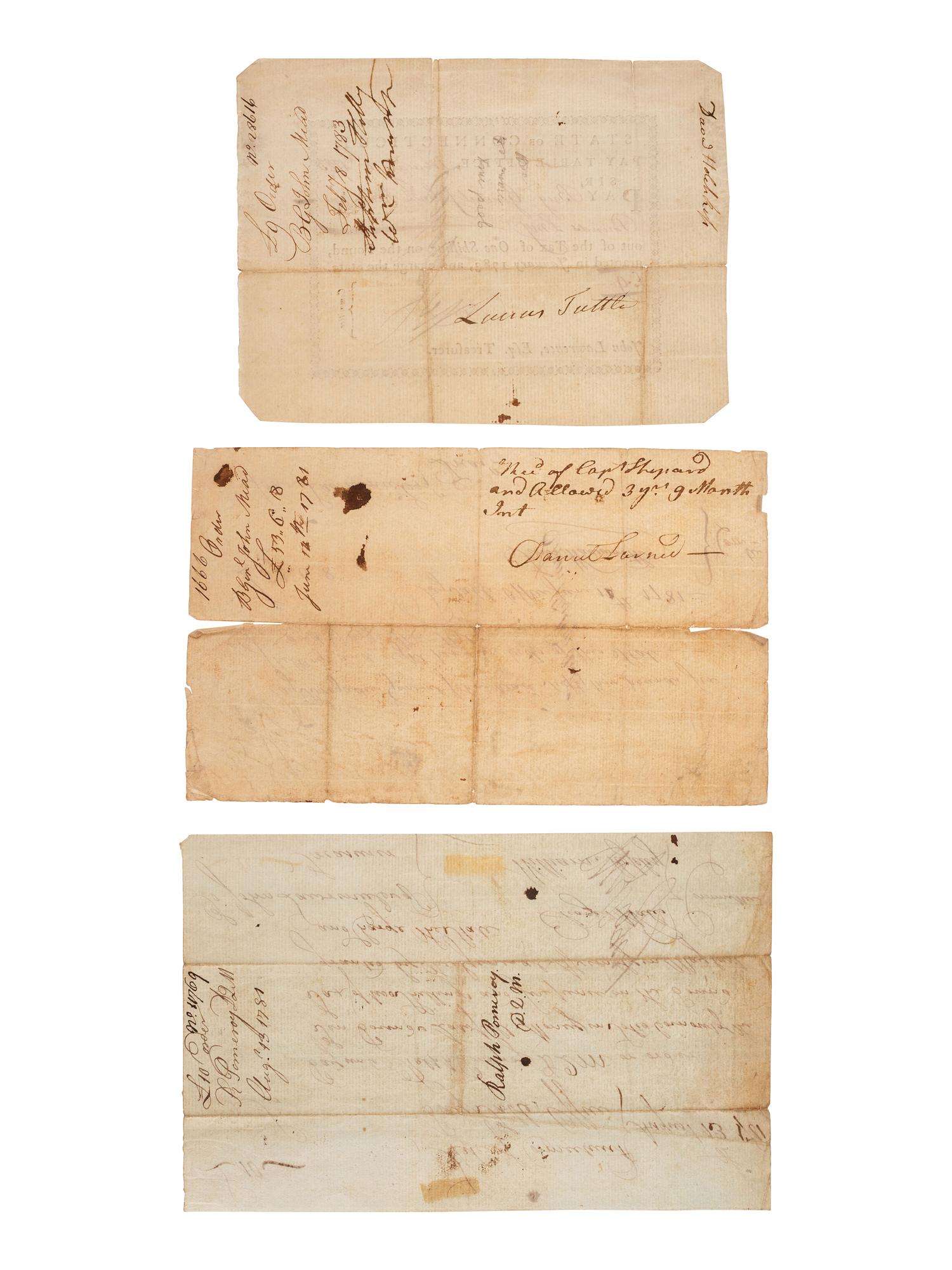 [REVOLUTIONARY WAR] - [CONNECTICUT]. A group of documents related to Connecticut, including Revolutionary War promissory notes issued by the Pay-Table Office.