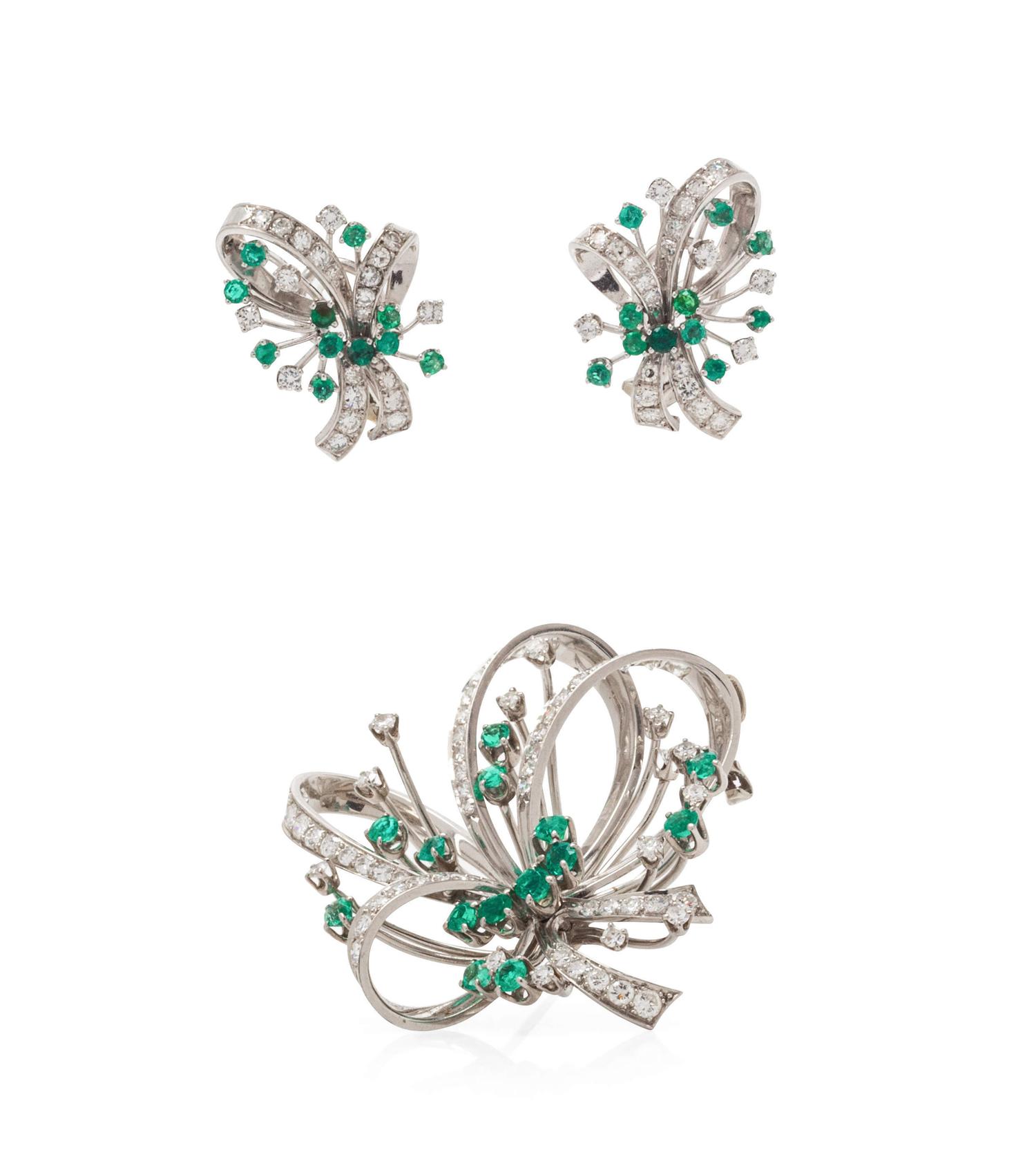A Platinum, Emerald and Diamond Demi-Parure,