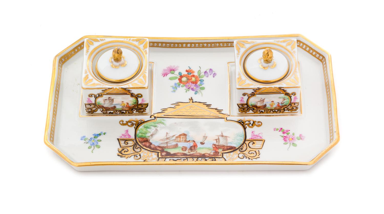 A Continental Porcelain Encrier Width 8 7/8 inches. — 19TH CENTURY