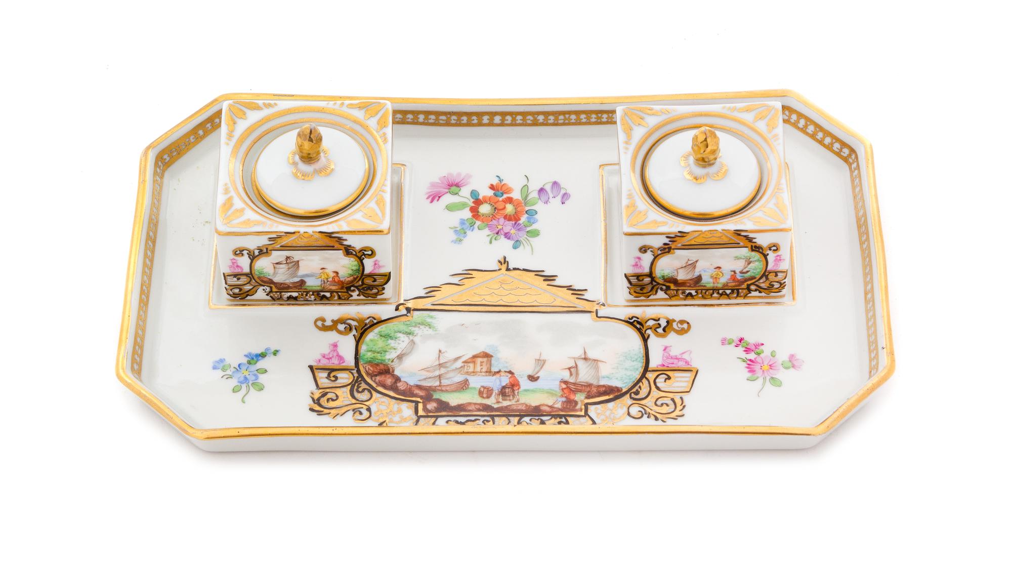 A Continental Porcelain Encrier Width 8 7/8 inches. — 19TH CENTURY