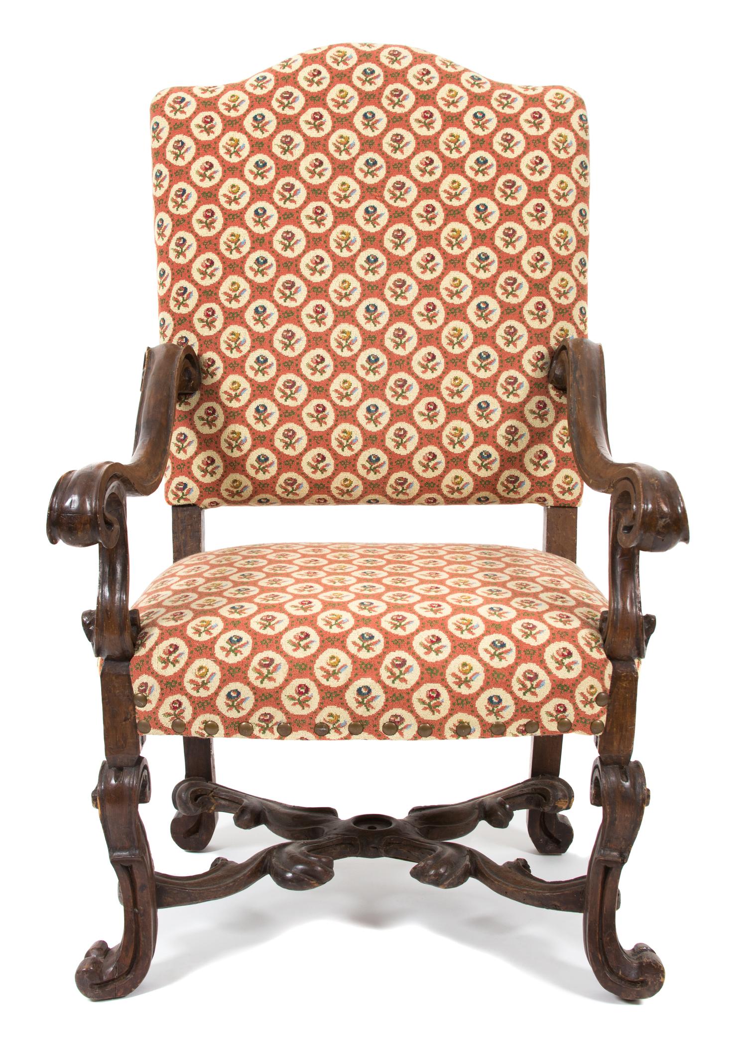 A Baroque Style Os de Mouton Carved Walnut Open Armchair Height 48 x width 30 x depth 28 inches. — 19TH CENTURY
