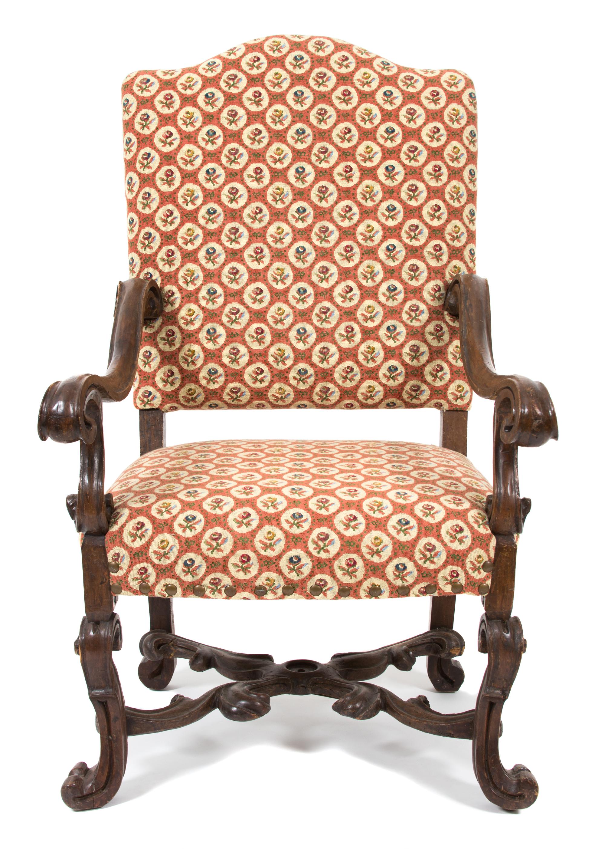 A Baroque Style Os de Mouton Carved Walnut Open Armchair Height 48 x width 30 x depth 28 inches. — 19TH CENTURY