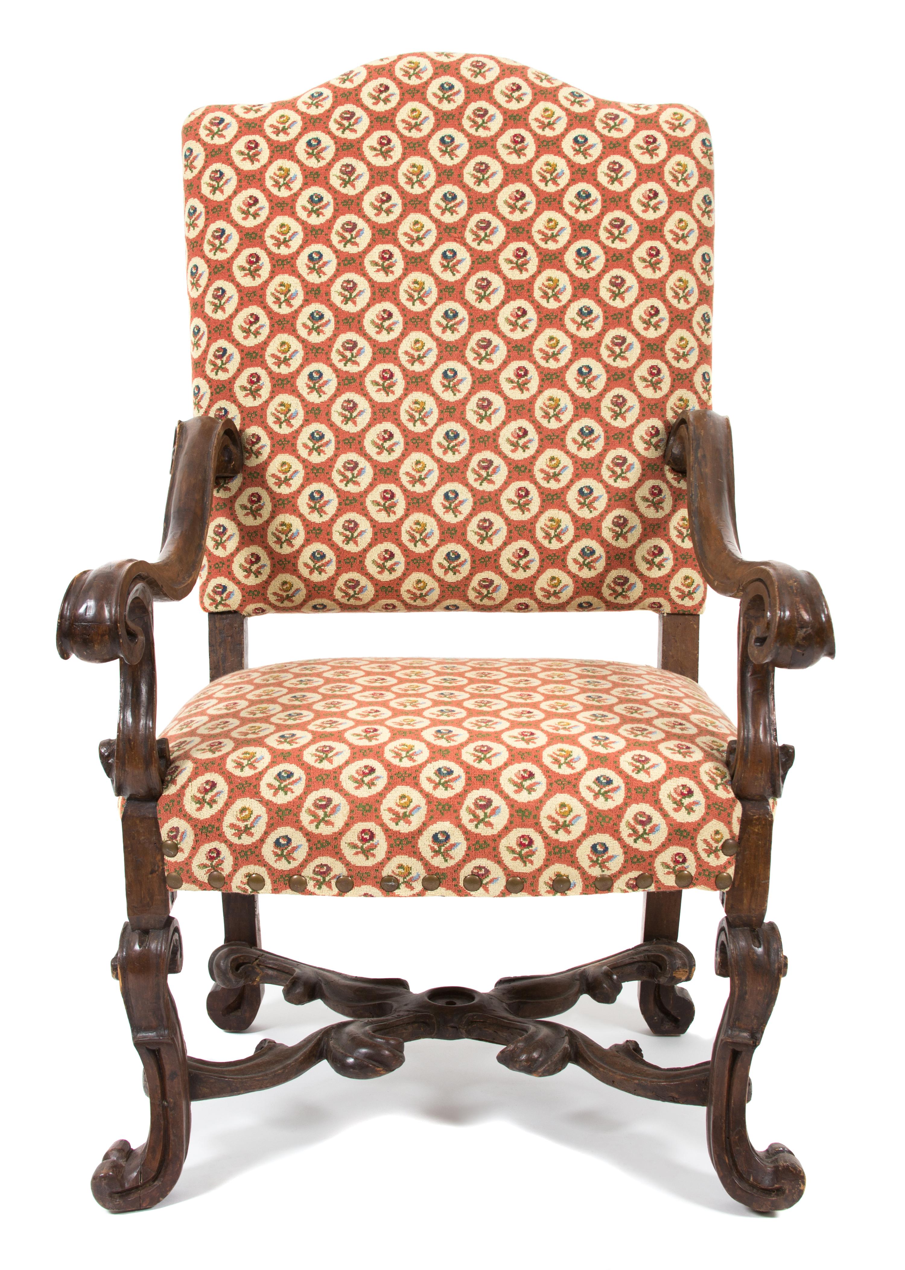 A Baroque Style Os de Mouton Carved Walnut Open Armchair Height 48 x width 30 x depth 28 inches. — 19TH CENTURY