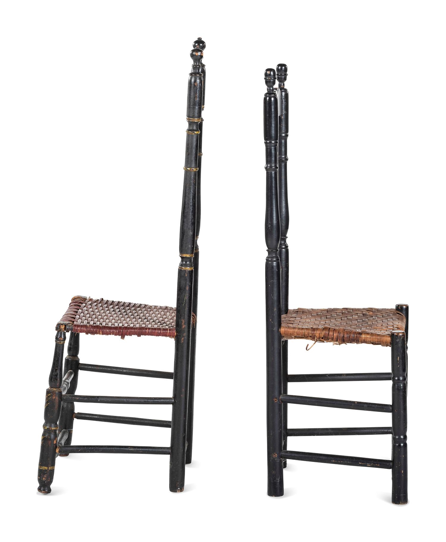 Two William and Mary Black Painted Bannister Back Splint Seat Side Chairs