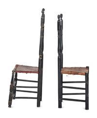 Two William and Mary Black Painted Bannister Back Splint Seat Side Chairs