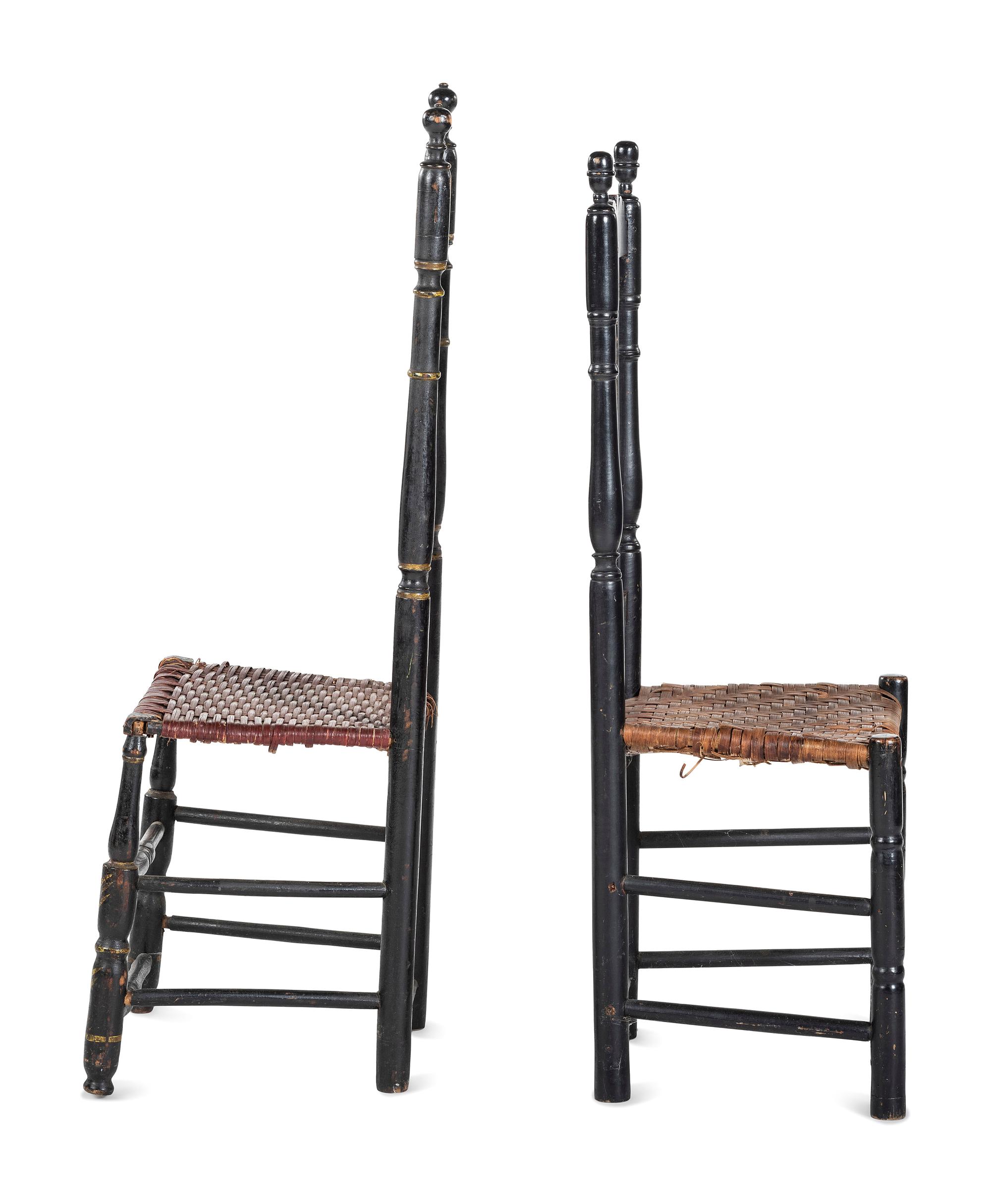 Two William and Mary Black Painted Bannister Back Splint Seat Side Chairs