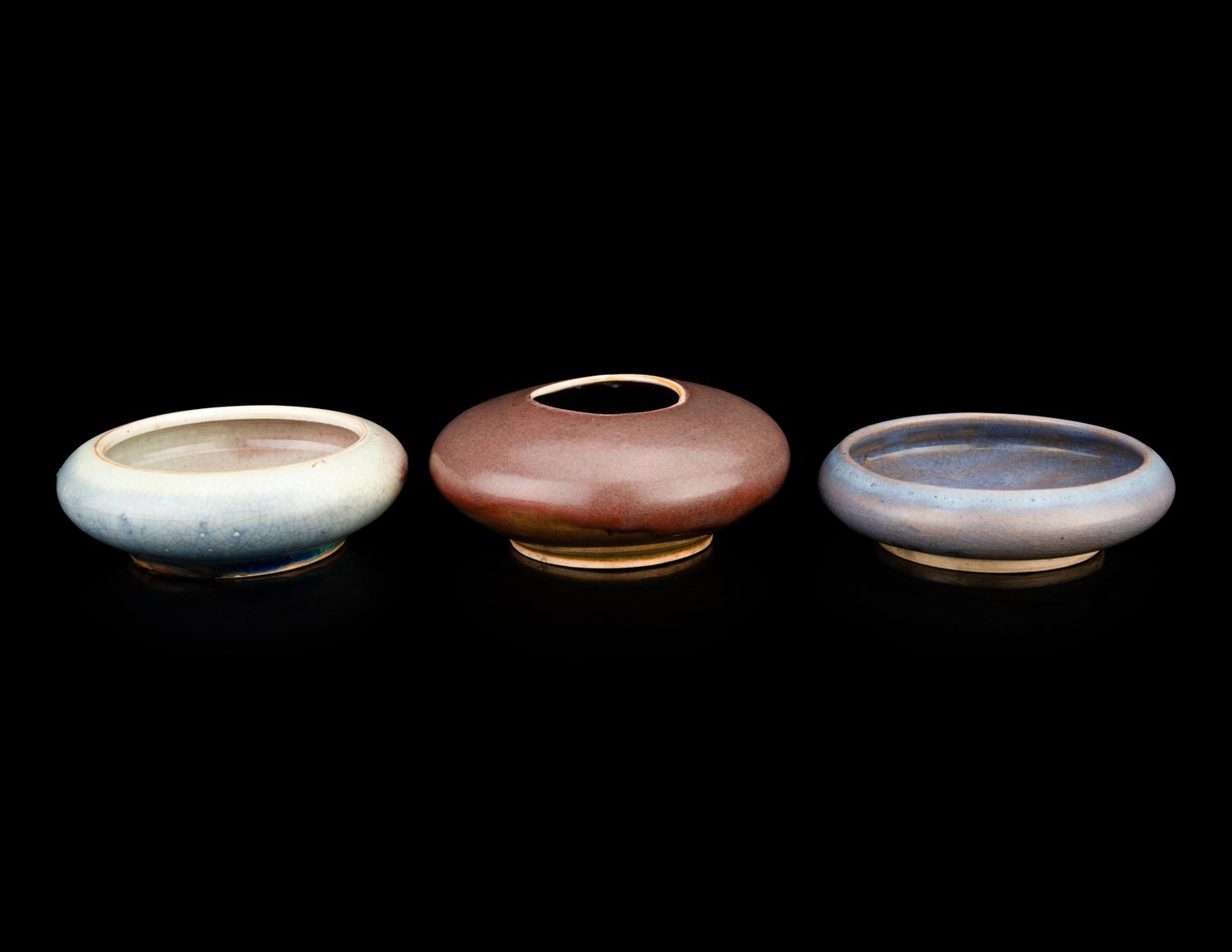 Three Porcelain Monochrome Glazed Circular Brush Washers