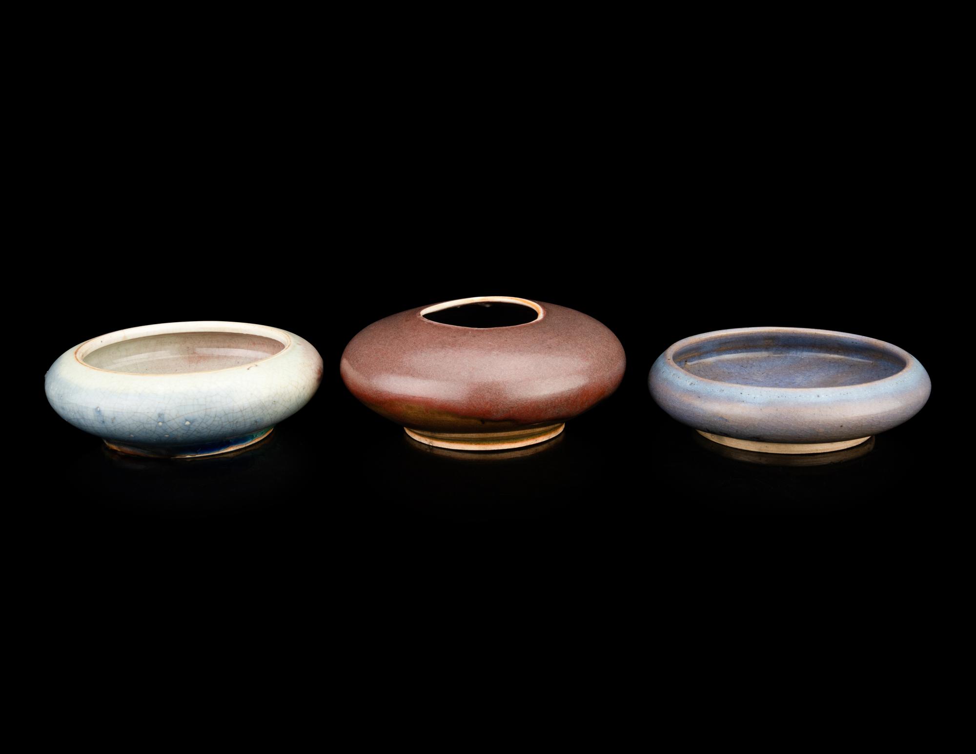 Three Porcelain Monochrome Glazed Circular Brush Washers