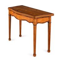 A Pair of George III Mahogany, Satinwood and Marquetry Serpentine Console Tables
