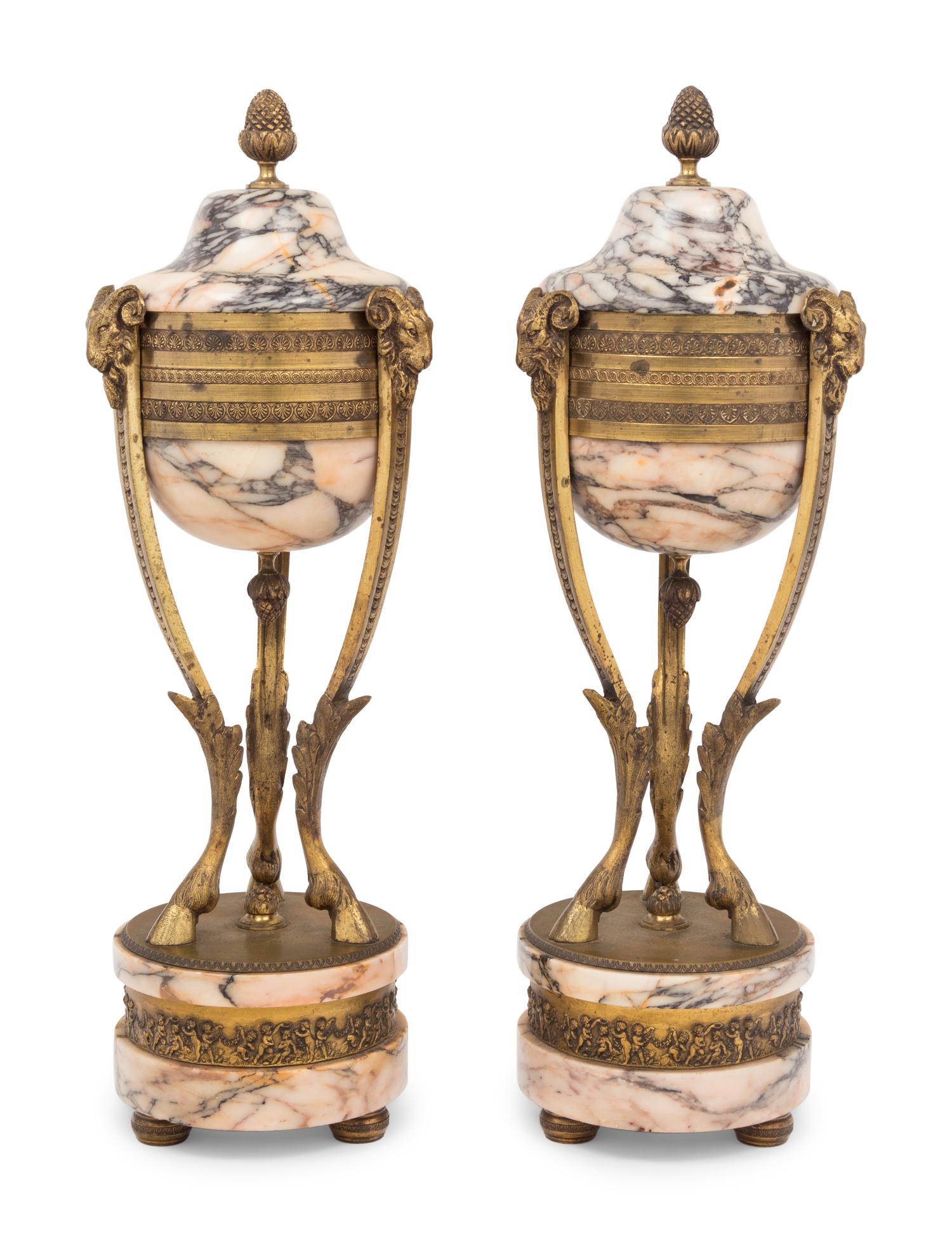 A Pair of Empire Style Gilt Bronze and Marble Cassolettes