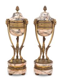 A Pair of Empire Style Gilt Bronze and Marble Cassolettes