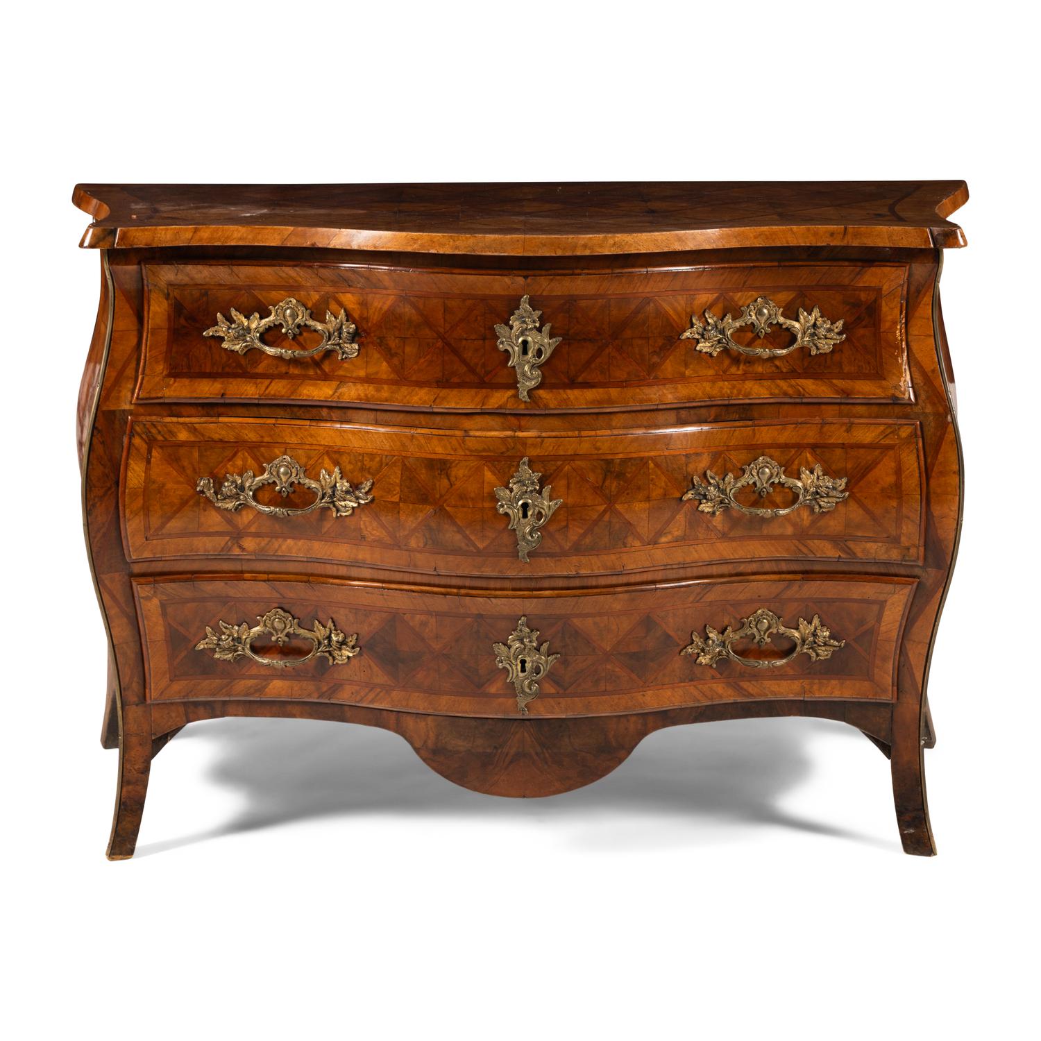 An Italian Gilt Bronze Mounted Walnut and Parquetry Commode