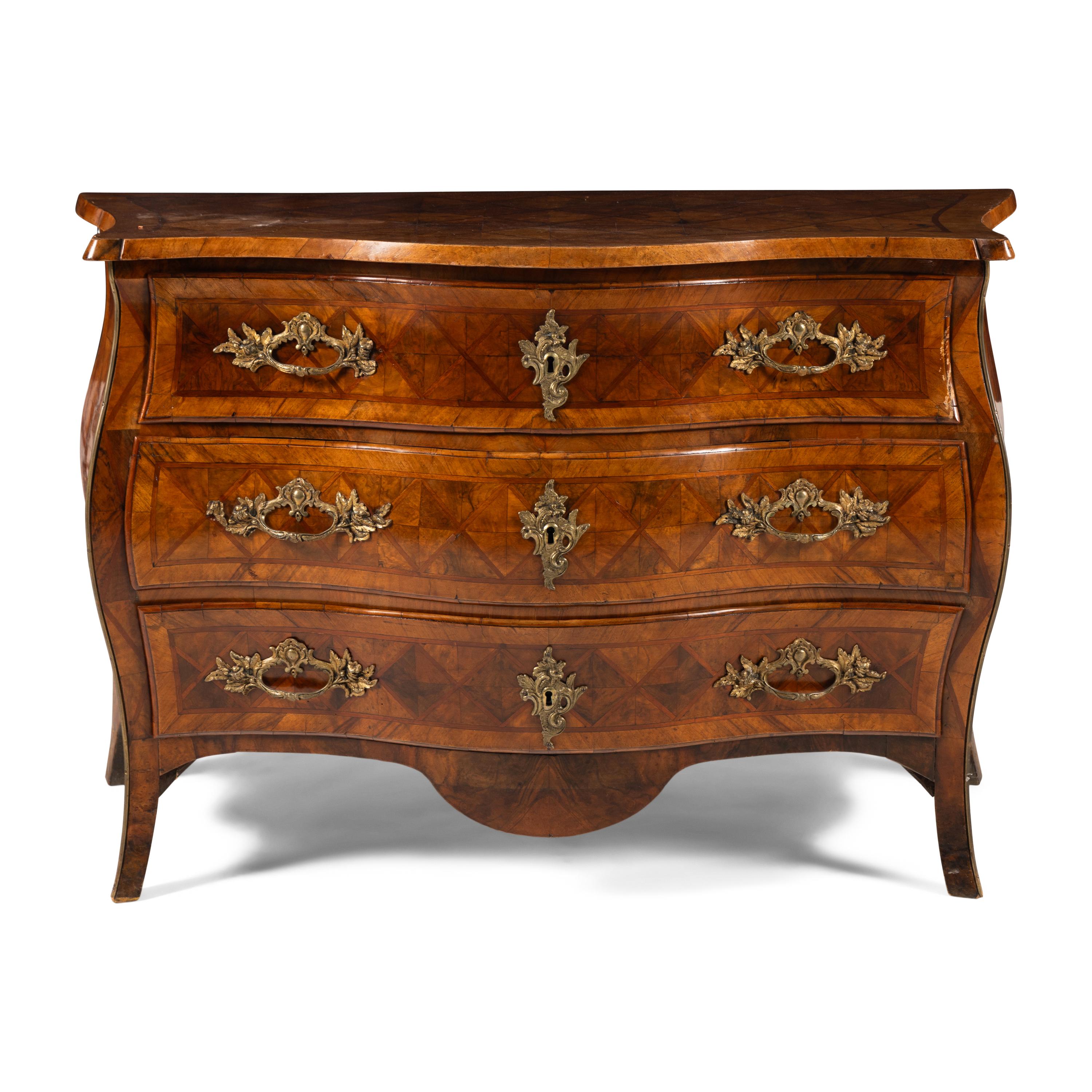 An Italian Gilt Bronze Mounted Walnut and Parquetry Commode