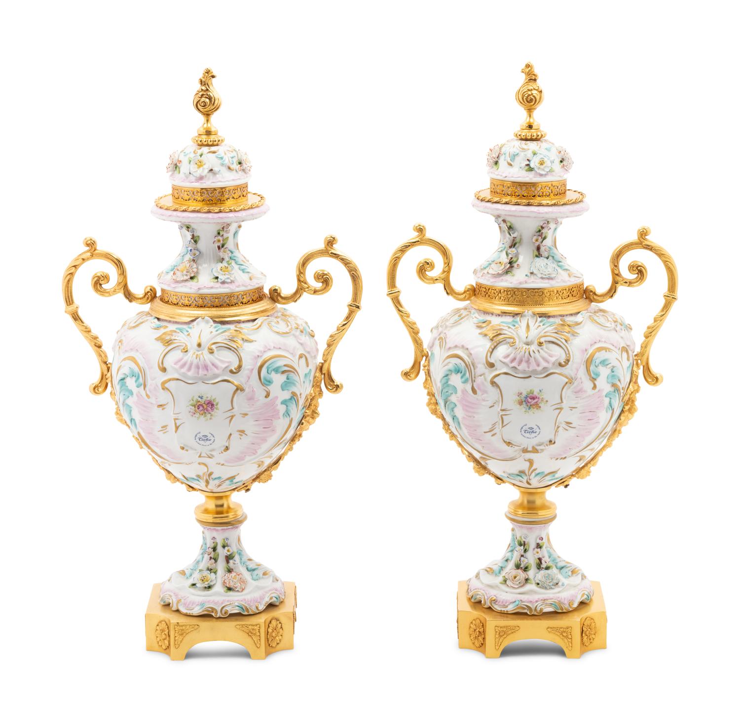 A Pair of Tiche Gilt Metal Mounted Porcelain Urns