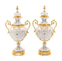 A Pair of Tiche Gilt Metal Mounted Porcelain Urns