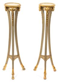 A Pair of Neoclassical Style Painted and Parcel Gilt Torchere Stands Height 40 3/4 inches. — 20TH CENTURY