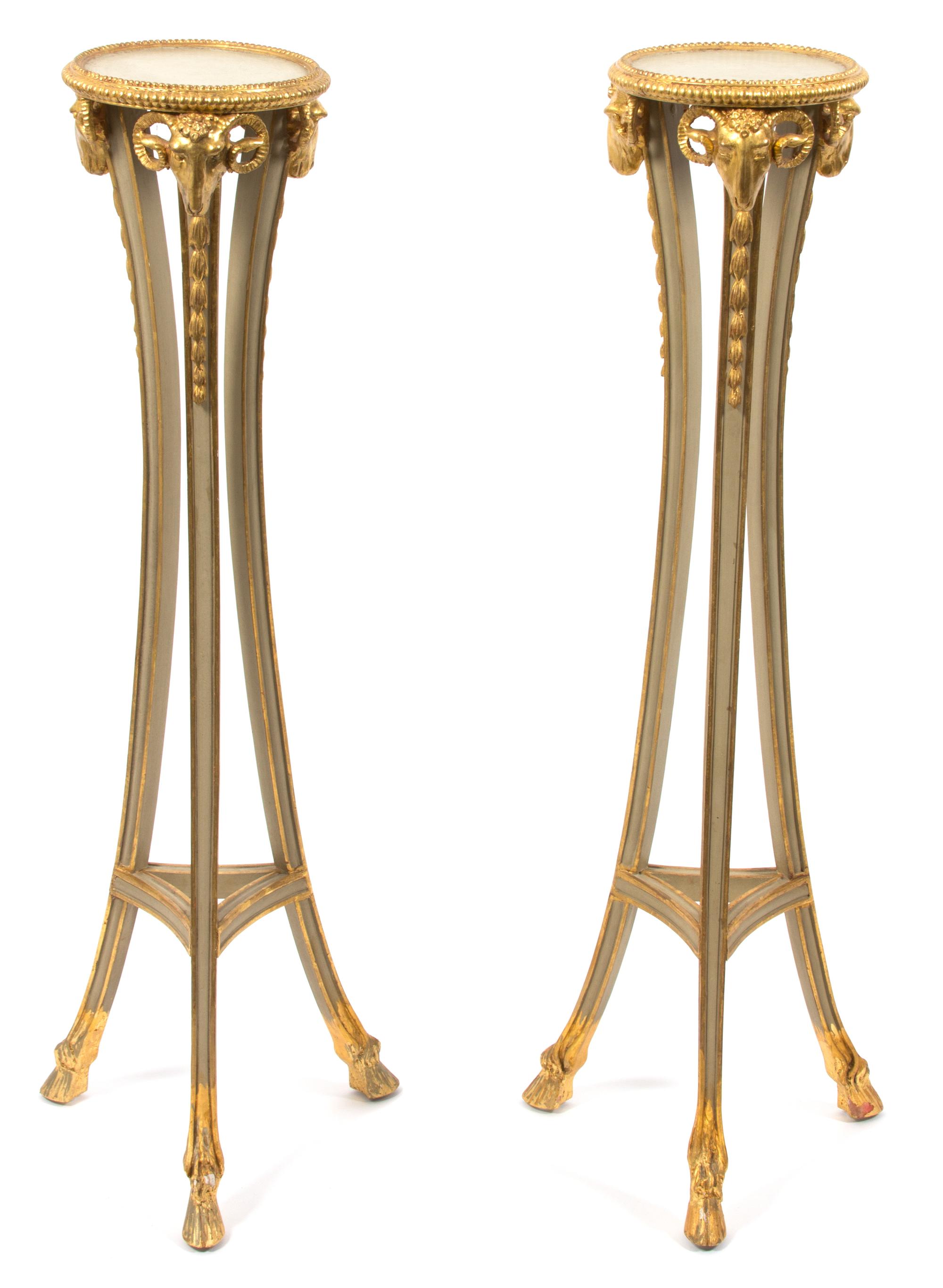 A Pair of Neoclassical Style Painted and Parcel Gilt Torchere Stands Height 40 3/4 inches. — 20TH CENTURY