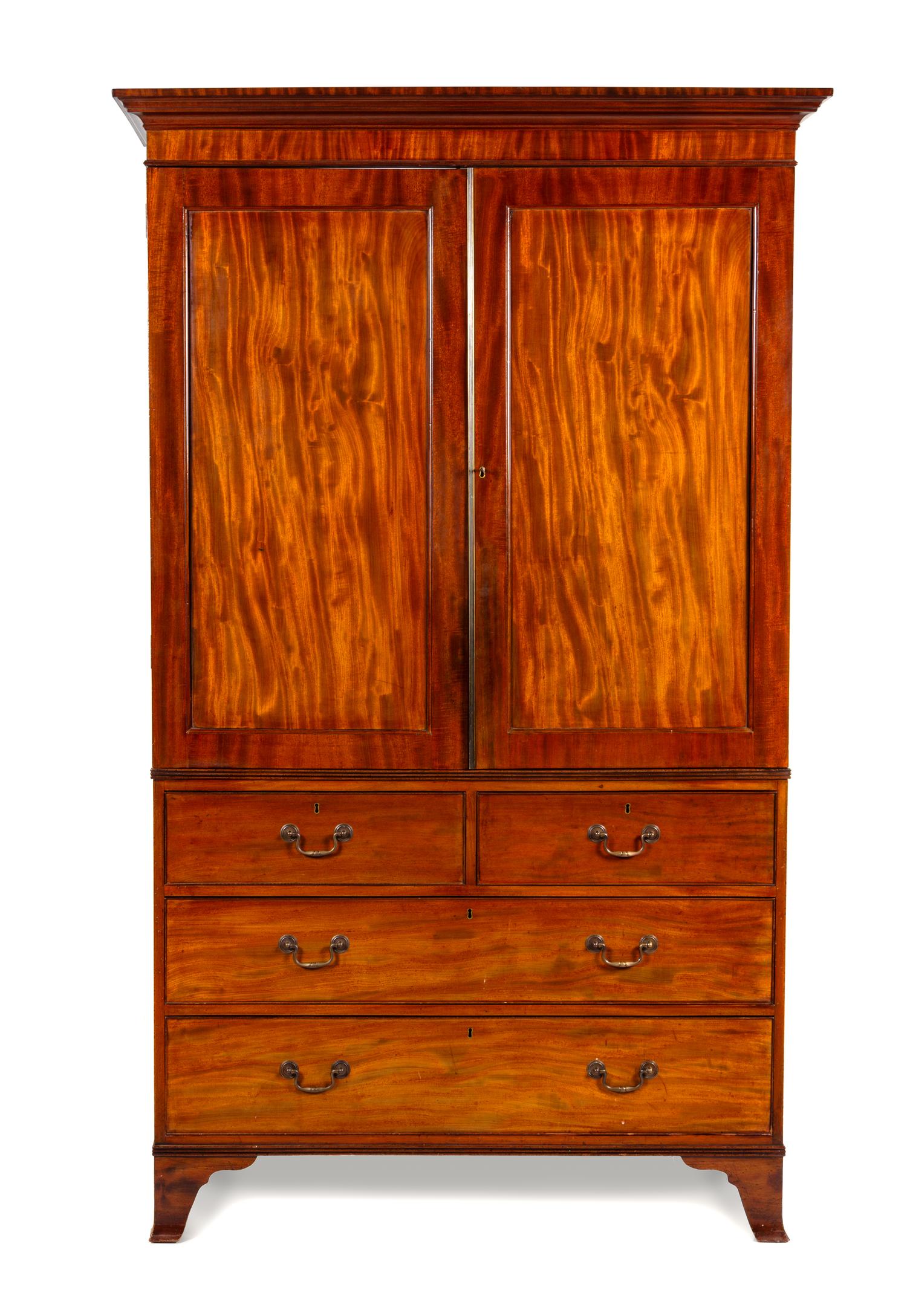 A George III Mahogany Linen Press Height 84 x width 51 x depth 23 3/4 inches. — 18TH/19TH CENTURY