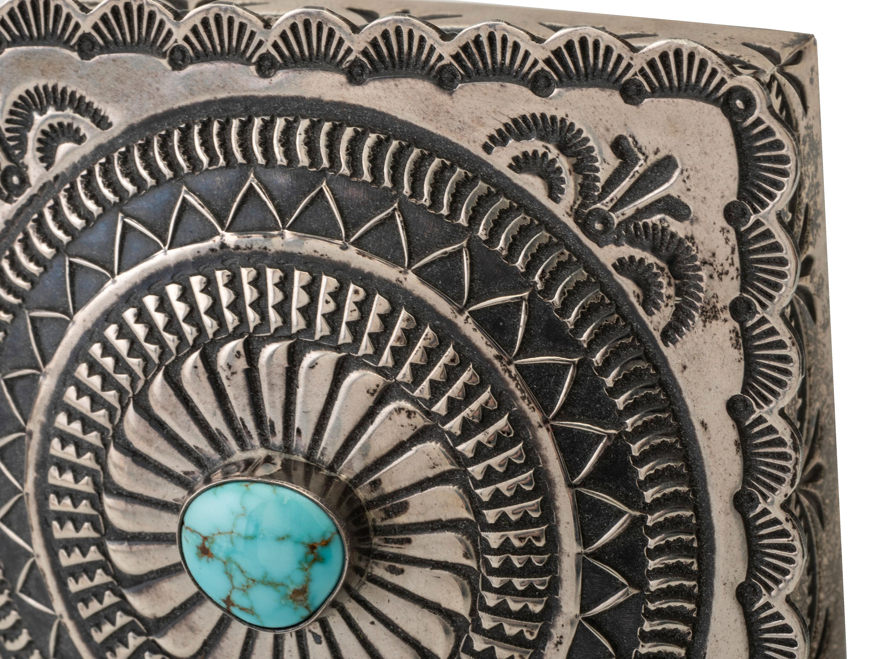 Heavily Stamped Sterling Silver Lidded Box, Set with Turquoise