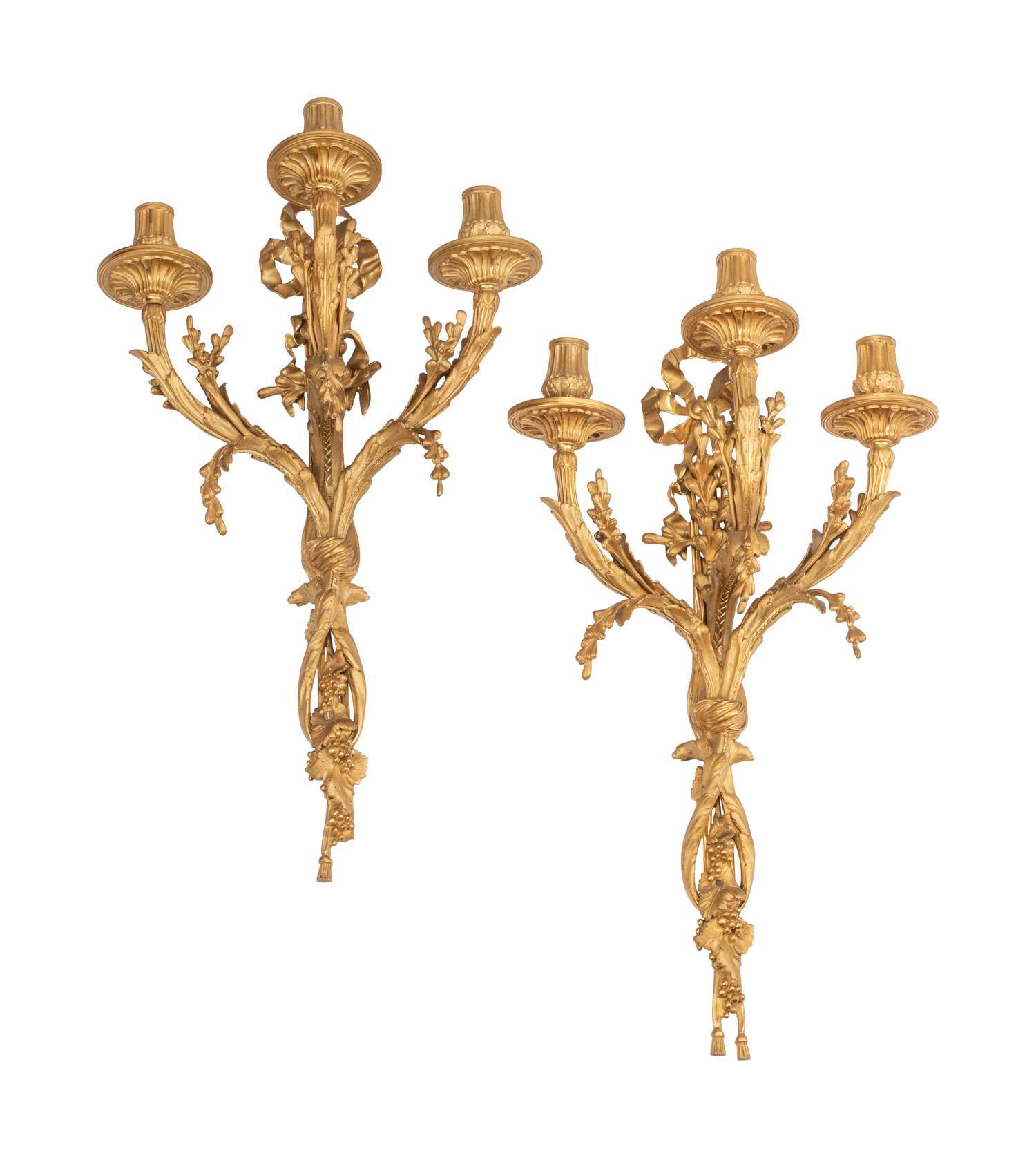 A Pair of Louis XVI Style Gilt Bronze Three-Light Sconces