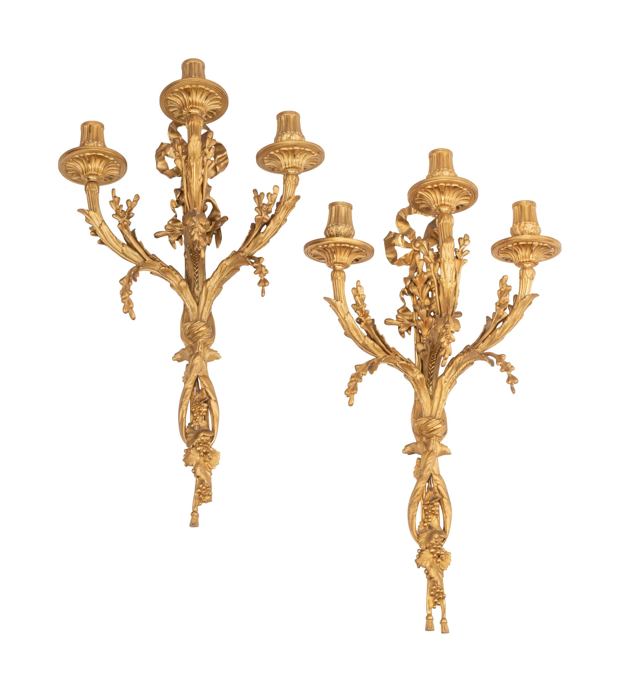 A Pair of Louis XVI Style Gilt Bronze Three-Light Sconces