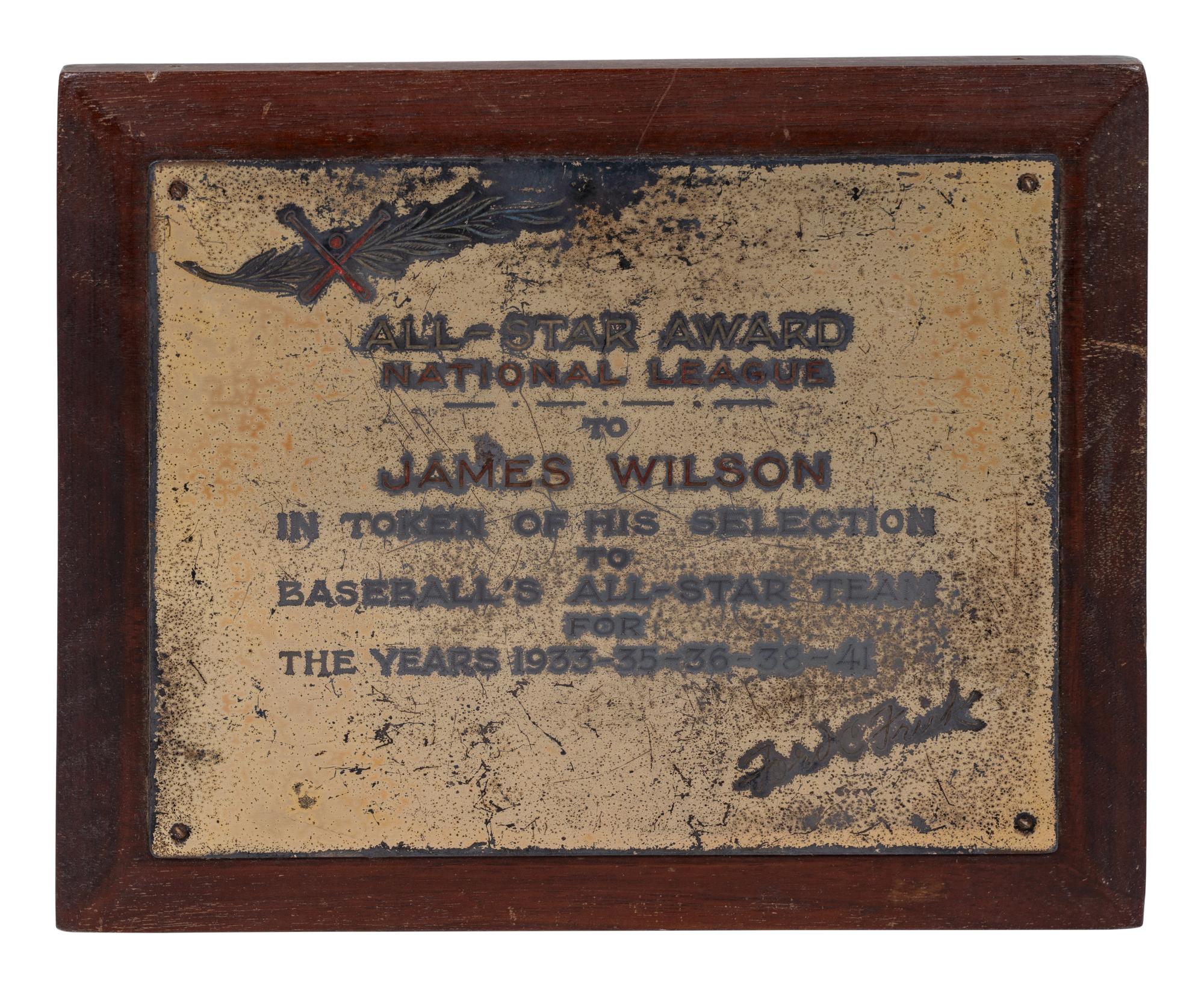A National League All-Star Award Presented to Jimmie Wilson by Ford C Frick,