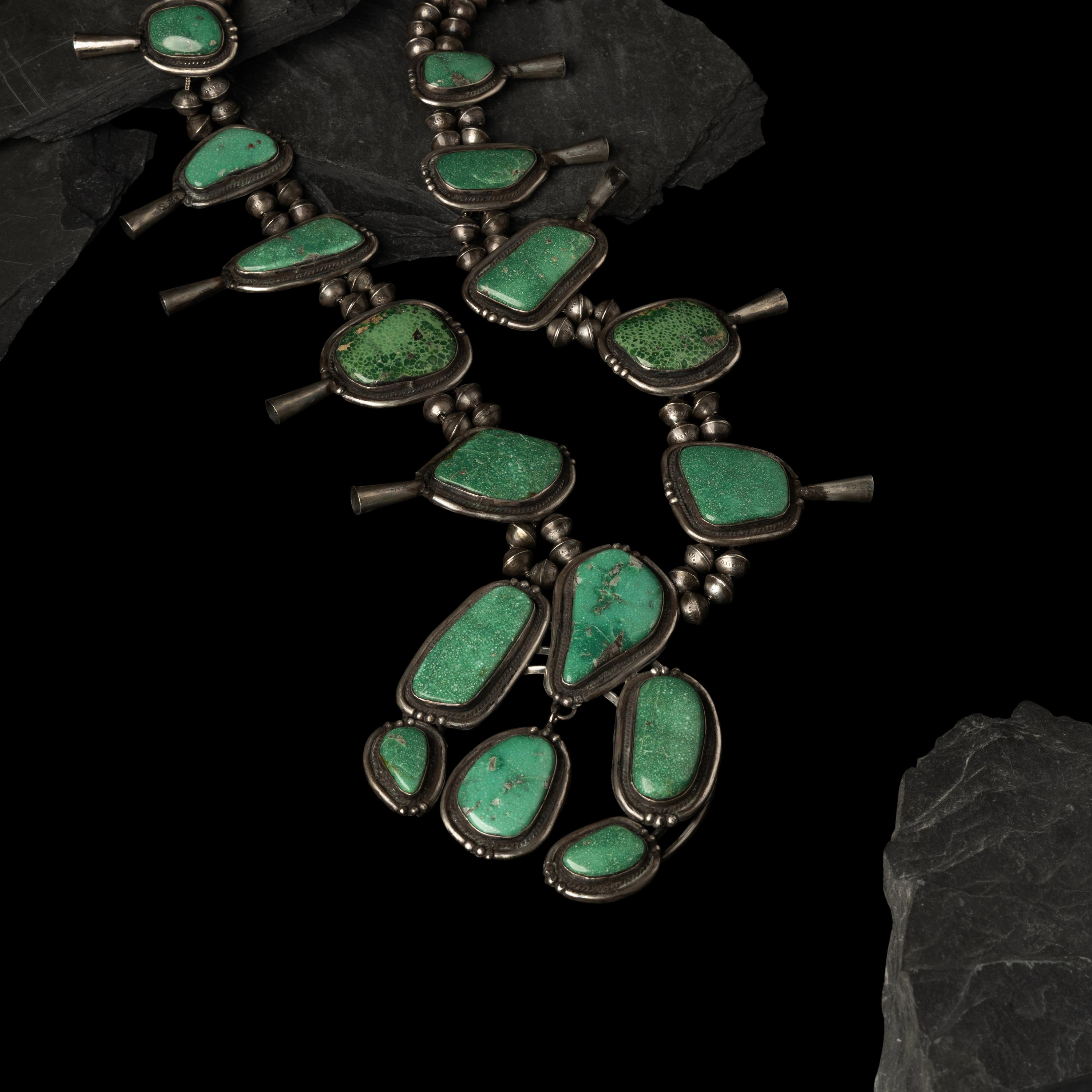 Navajo Statement Silver and Turquoise Squash Blossom Necklace