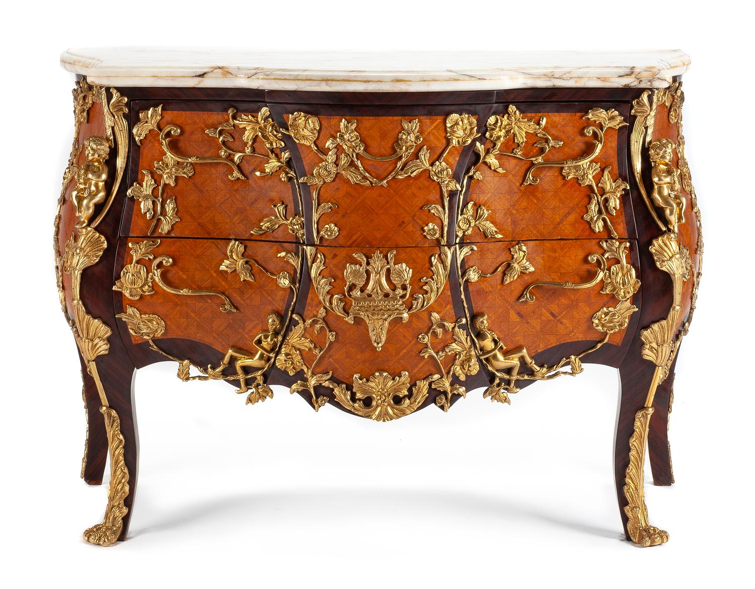 A Louis XV Style Gilt Bronze Mounted Parquetry Commode Height 34 1/2 x width 51 1/2 x depth 22 inches. — AFTER A MODEL BY CHARLES CRESSENT, 20TH CENTURY
