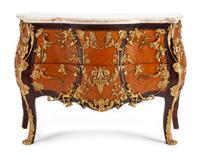 A Louis XV Style Gilt Bronze Mounted Parquetry Commode Height 34 1/2 x width 51 1/2 x depth 22 inches. — AFTER A MODEL BY CHARLES CRESSENT, 20TH CENTURY
