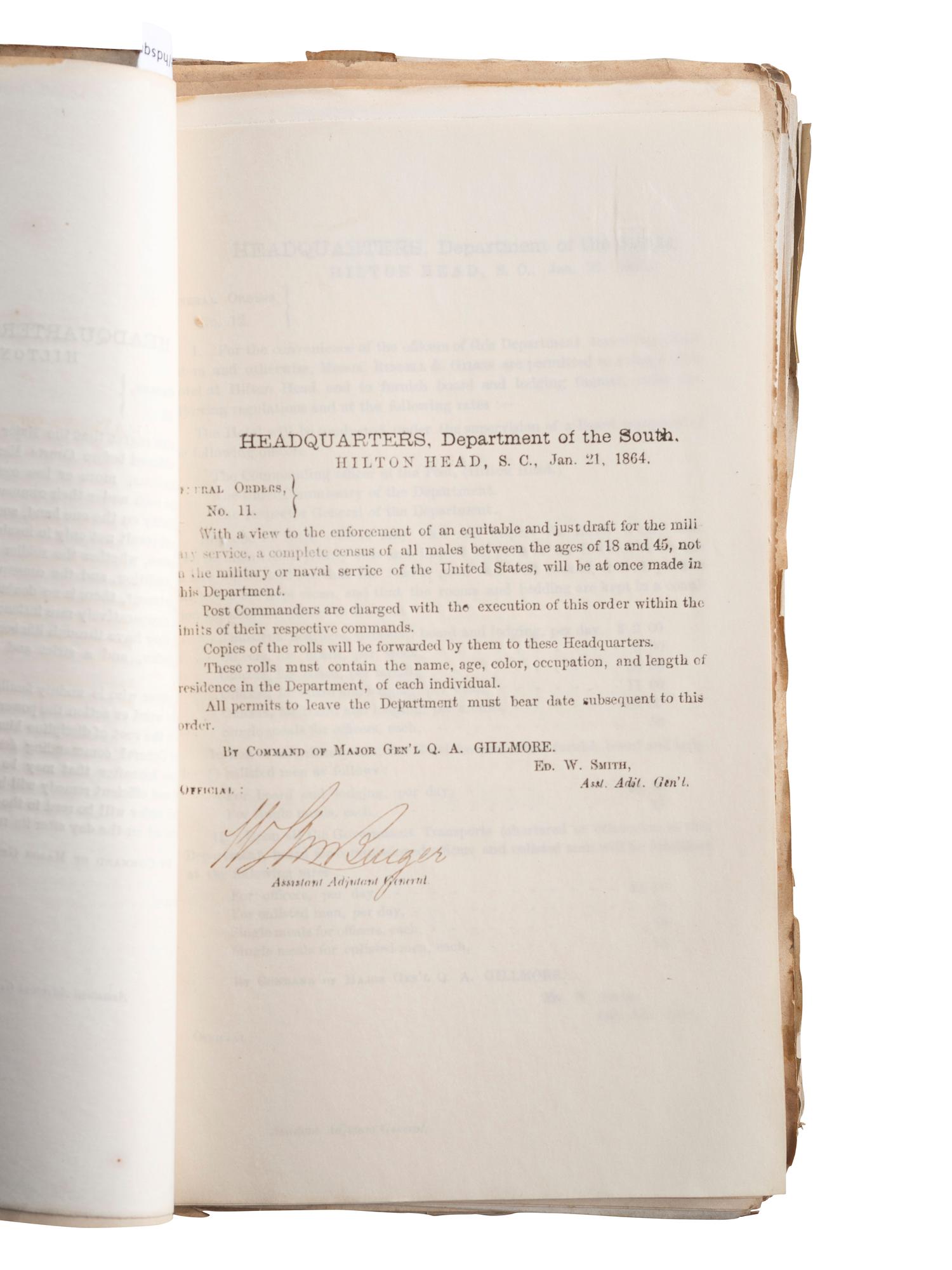 [CIVIL WAR]. Bound General Orders book referring to African American soldiers, 1864.