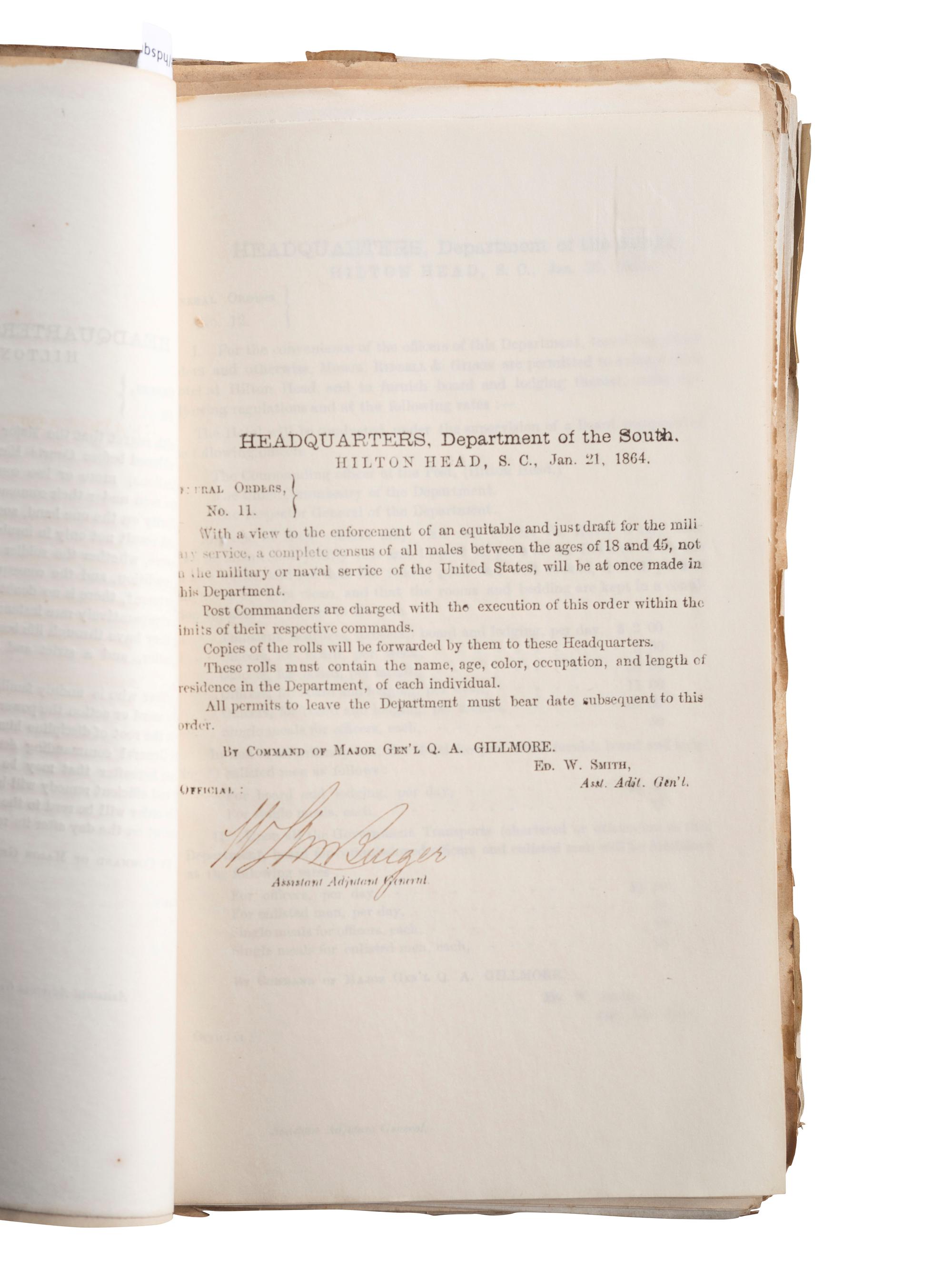 [CIVIL WAR]. Bound General Orders book referring to African American soldiers, 1864.
