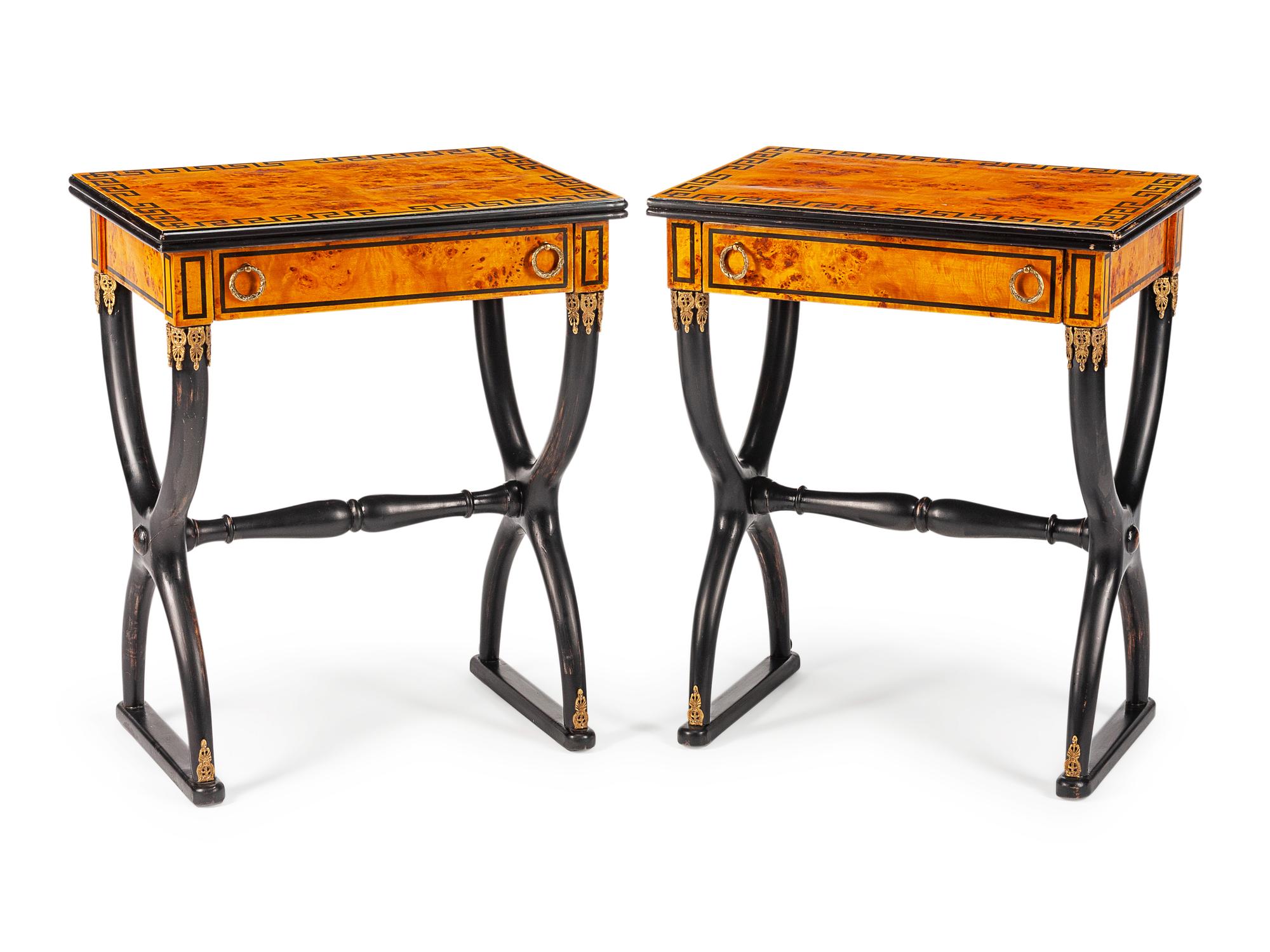A Charles X Style Burlwood and Parcel Ebonized Side Tables
