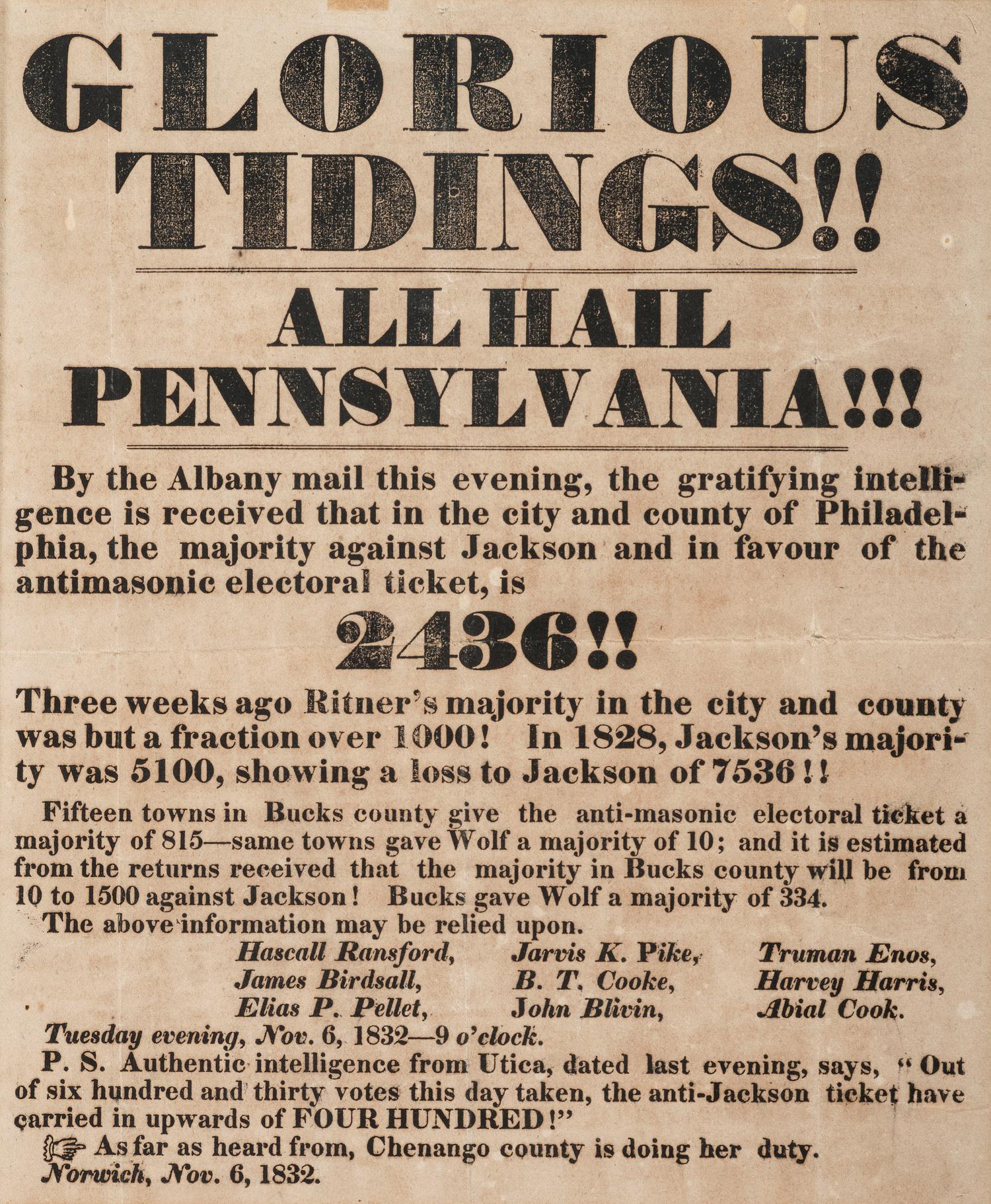 [POLITICS] Broadside announcing a majority vote against Jackson in favor of the Anti-Masonic ticket.